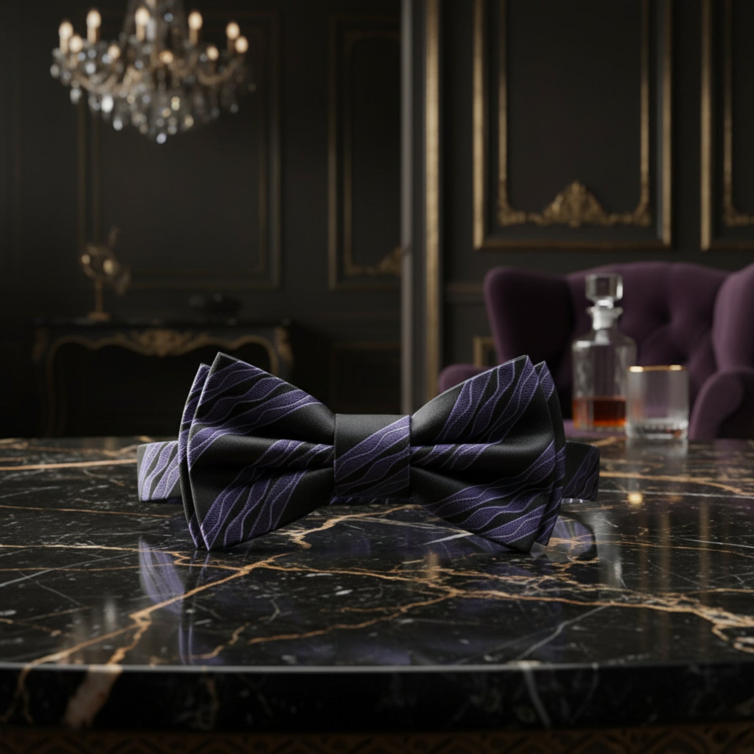 Black, Grey Wavy Lines Bow Tie Pre Tied