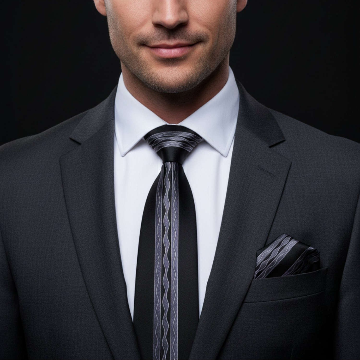 Man wearing a dark suit with a white shirt and black tie on a black background
