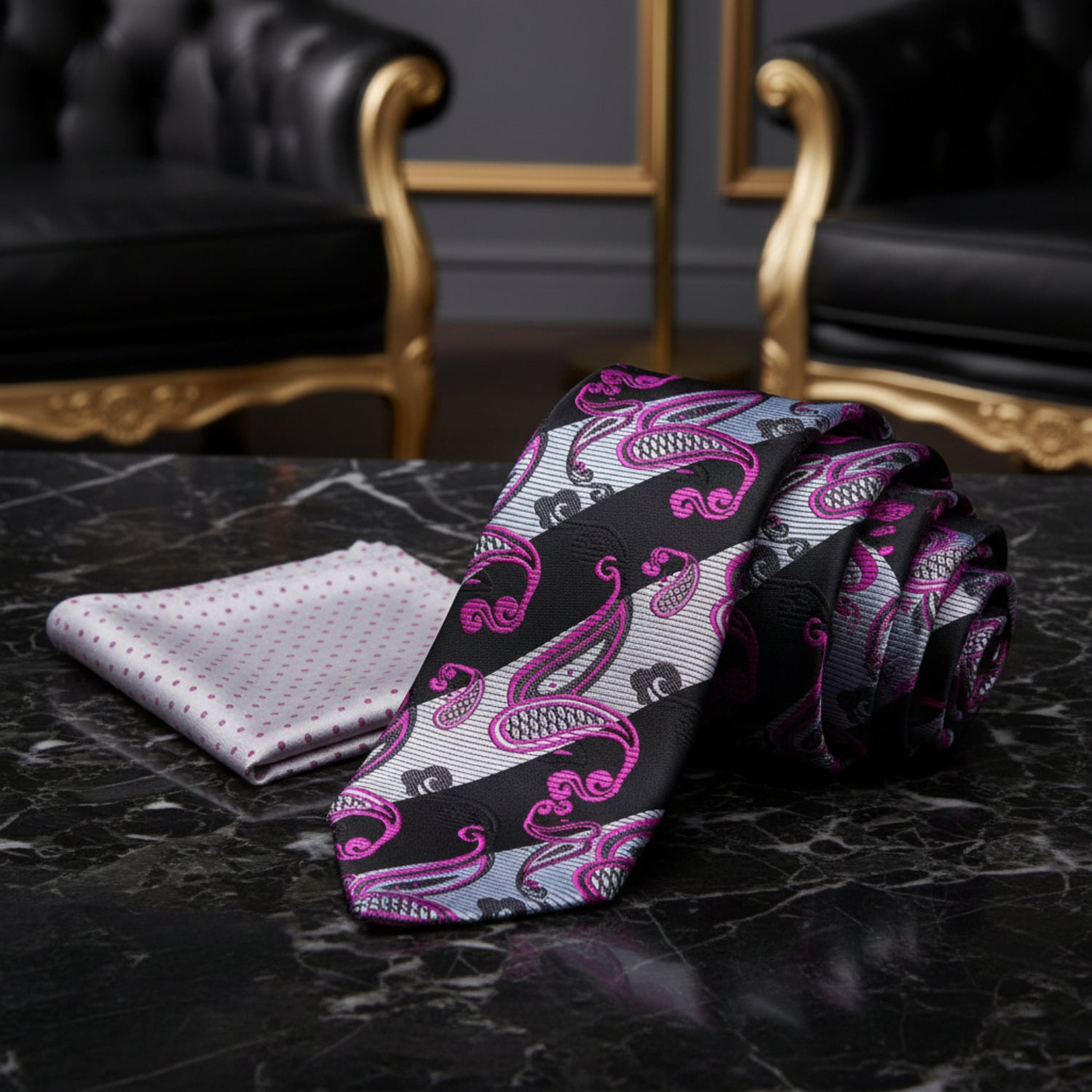 Alt A Black, Grey, Purple Paisley Pattern Necktie, Accenting Pocket Square|
