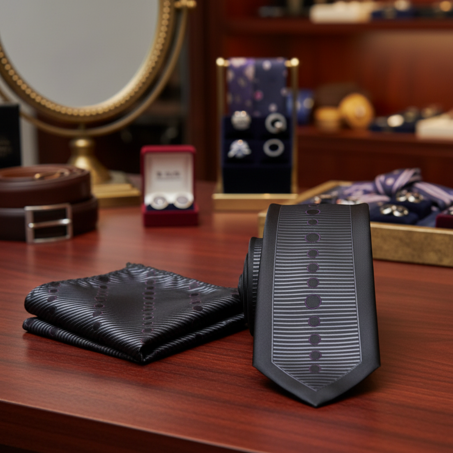Black tie and pocket square set with subtle pattern 