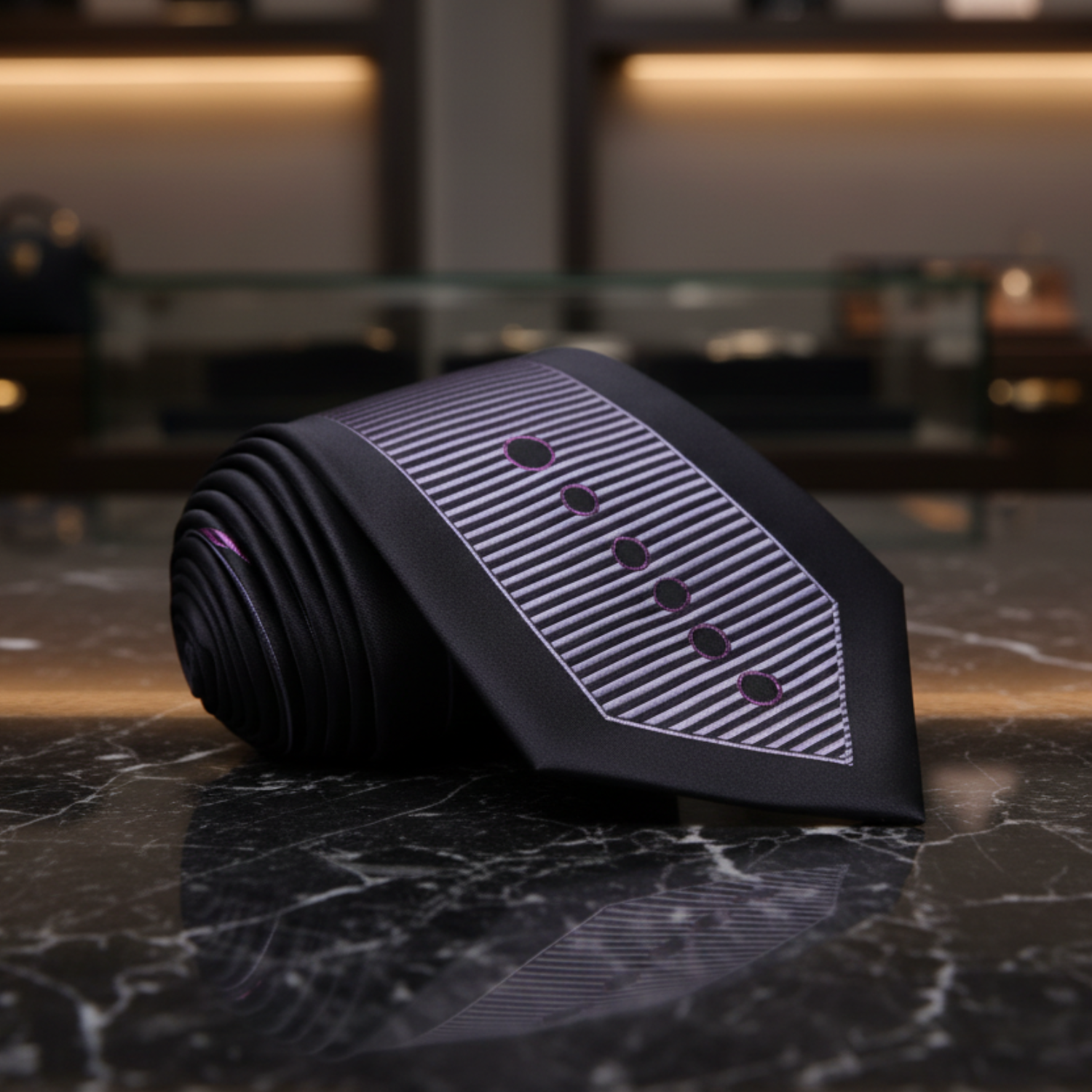 Folded black tie on a dark marble surface with blurred background