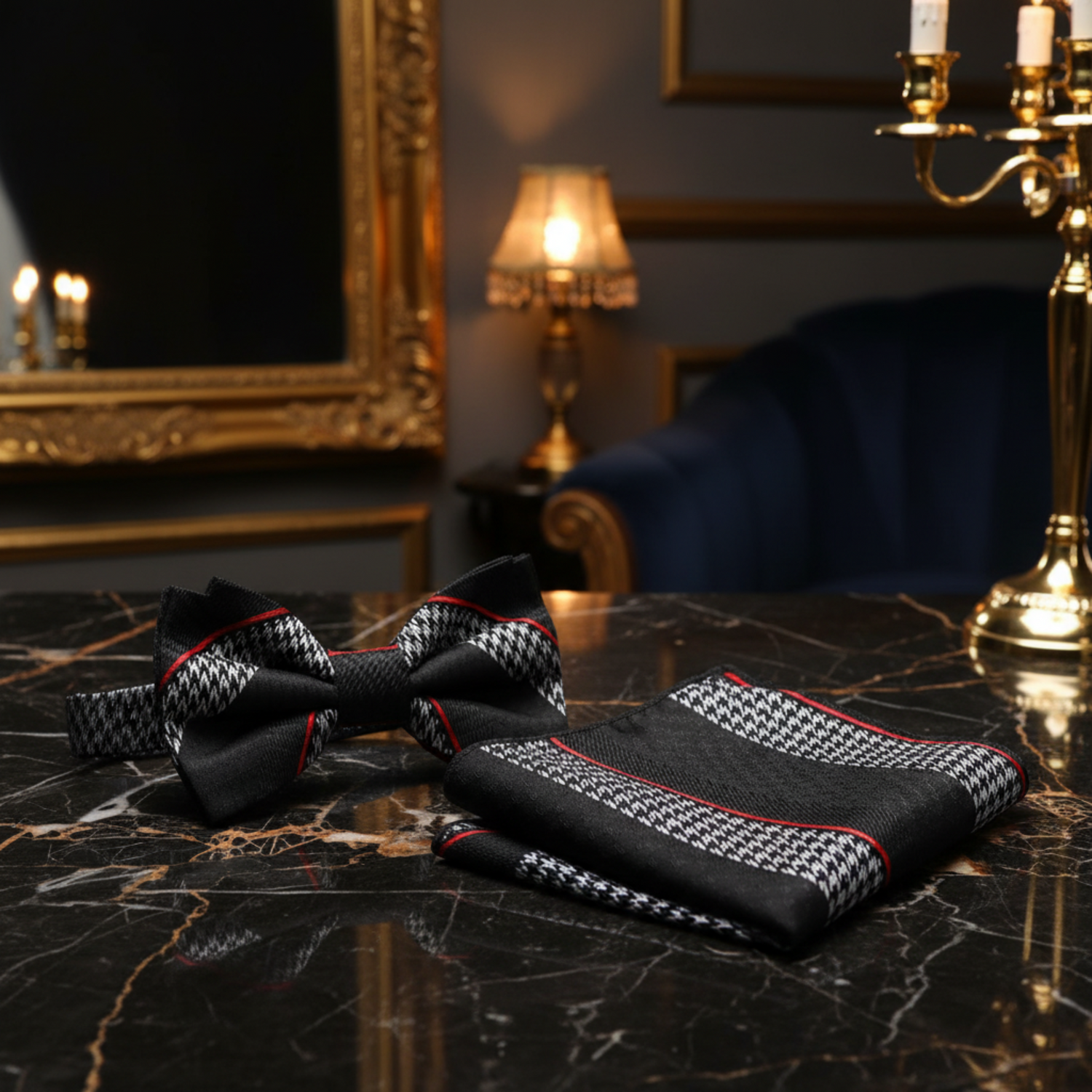 A Black, Red, Grey Houndstooth and Stripe Pattern Self Tie Bow Tie, Matching Pocket Square
