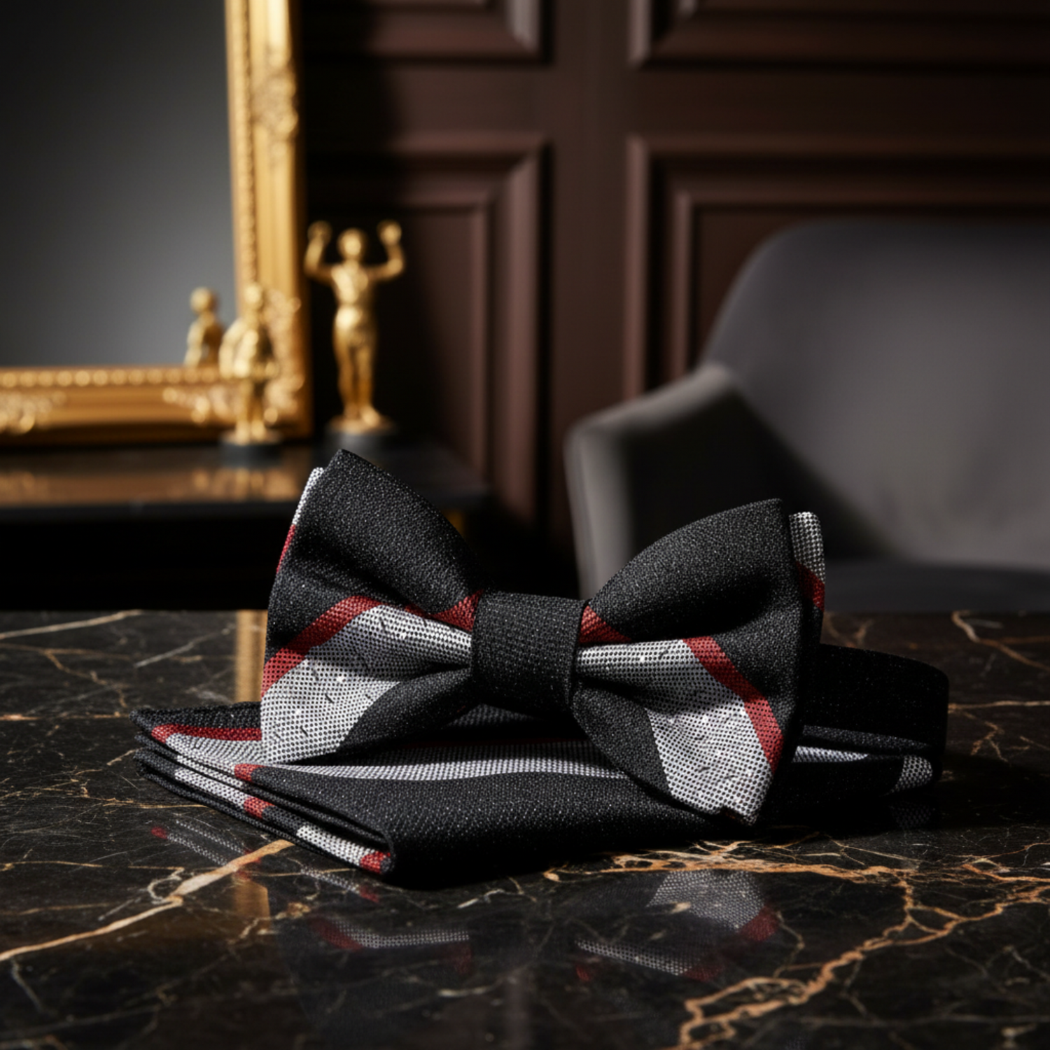 A Black, Red, Grey Stripe Pattern Self Tie Bow Tie, Matching Pocket Square