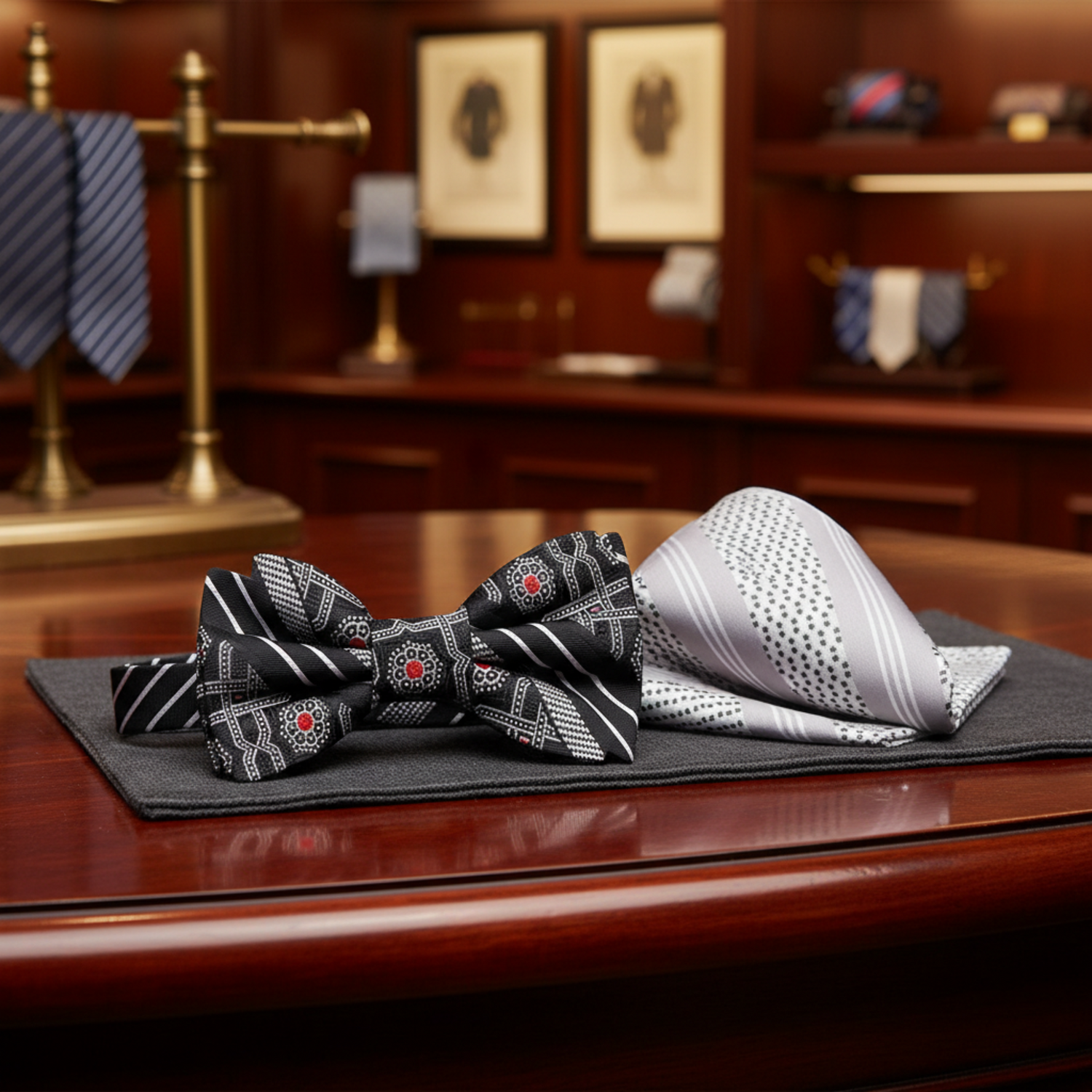 Black, Red, Grey Bow Tie And Accenting Pocket Square