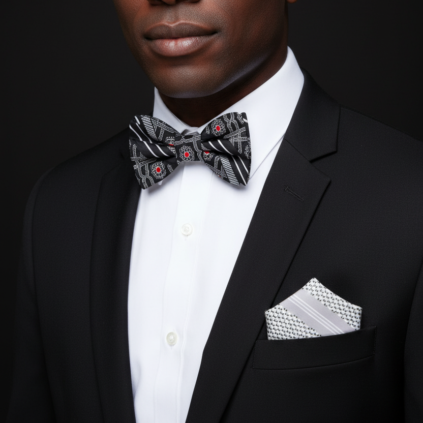 Man wearing a black suit with a patterned bow tie and pocket square against a dark background