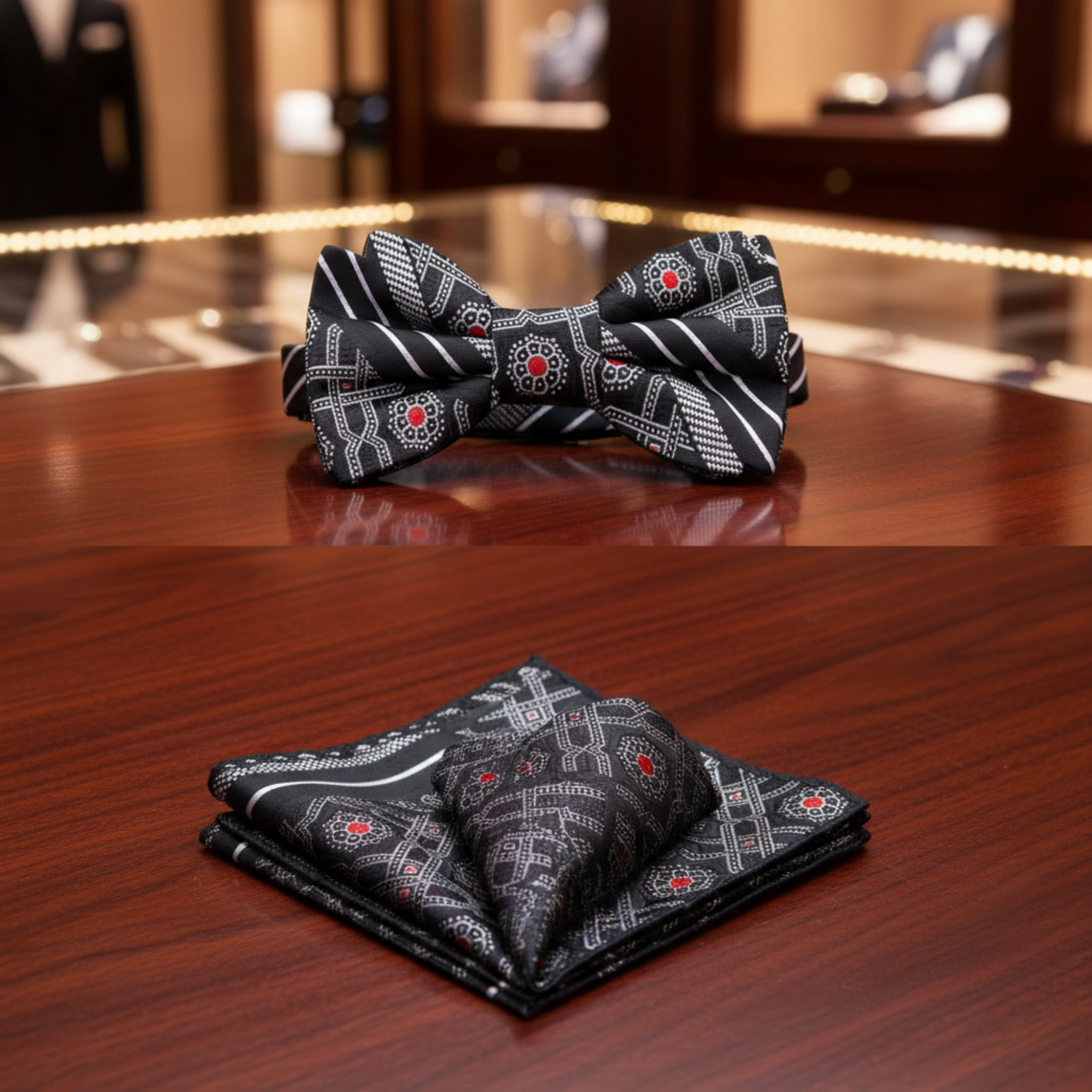 Black, Red, Grey Silk Bow Tie And Pocket Square