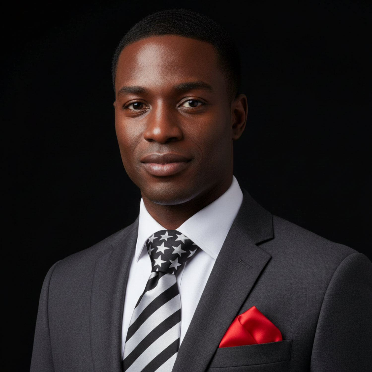 Man wearing a gray suit with a striped tie and red pocket square on a black background
