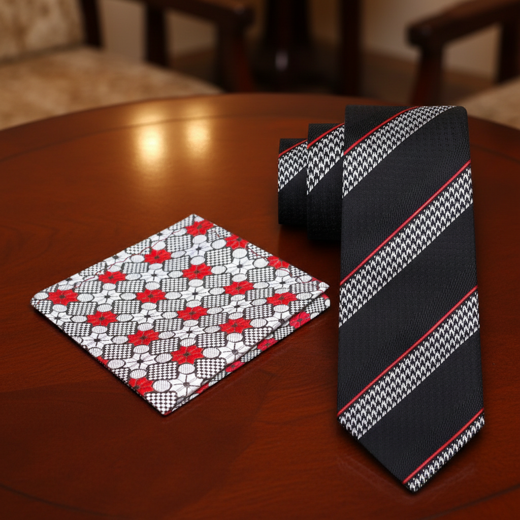 View 2: A Black, Grey, Red Stripe With Houndstooth Pattern Necktie, Accenting Pocket Square