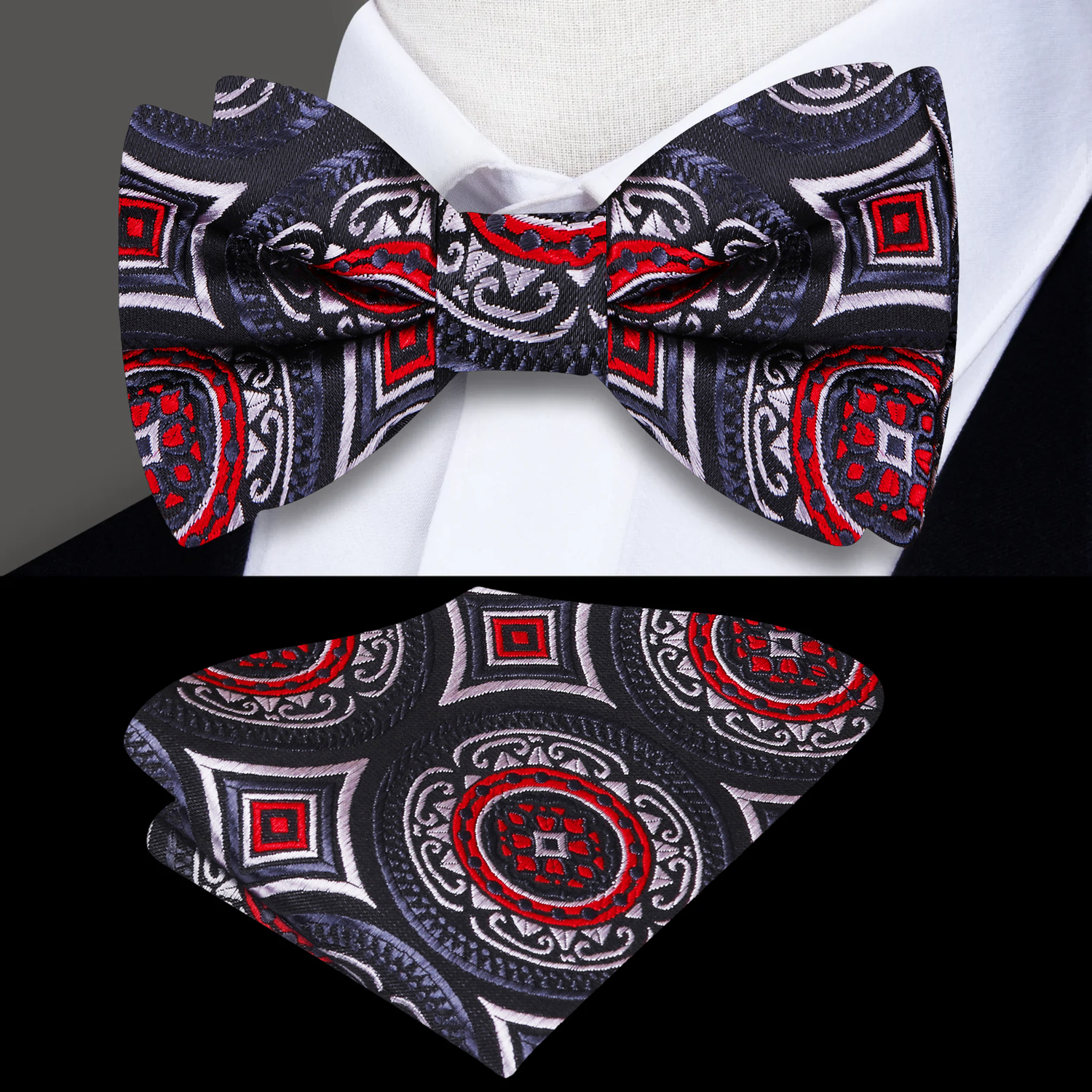 Black, Red, Grey Geometric Shapes Bow Tie And Pocket Square||Black, Red