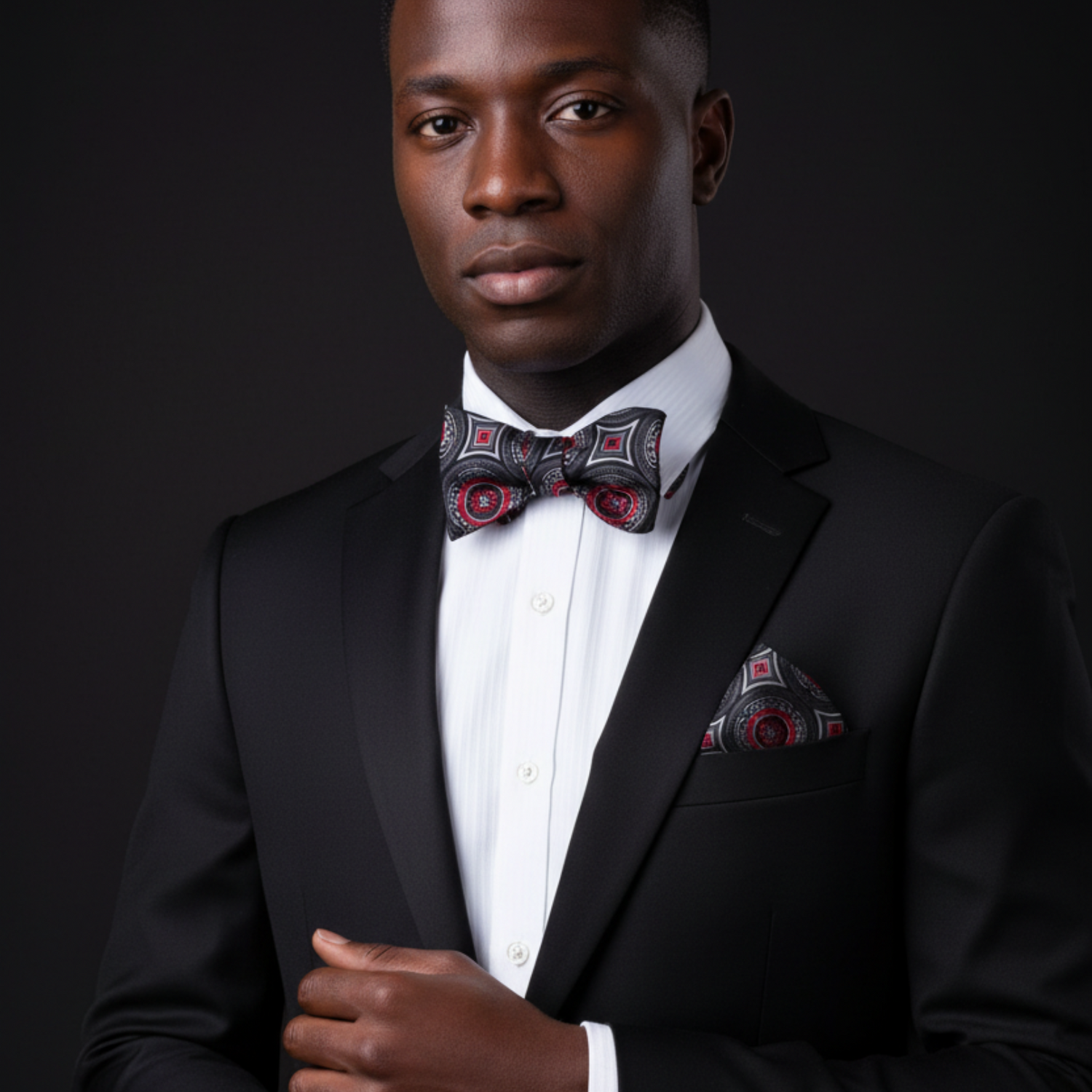 Man wearing a black suit with a patterned bow tie and pocket square on a dark background