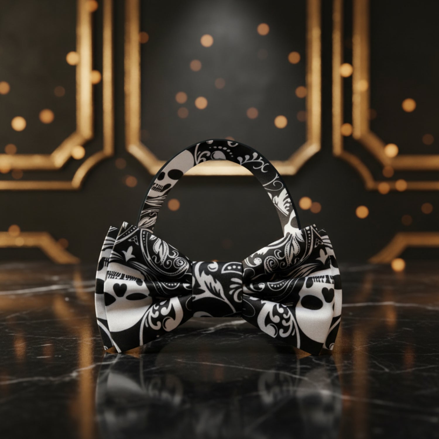 Pre Tied Black and Grey Skull Bow tie