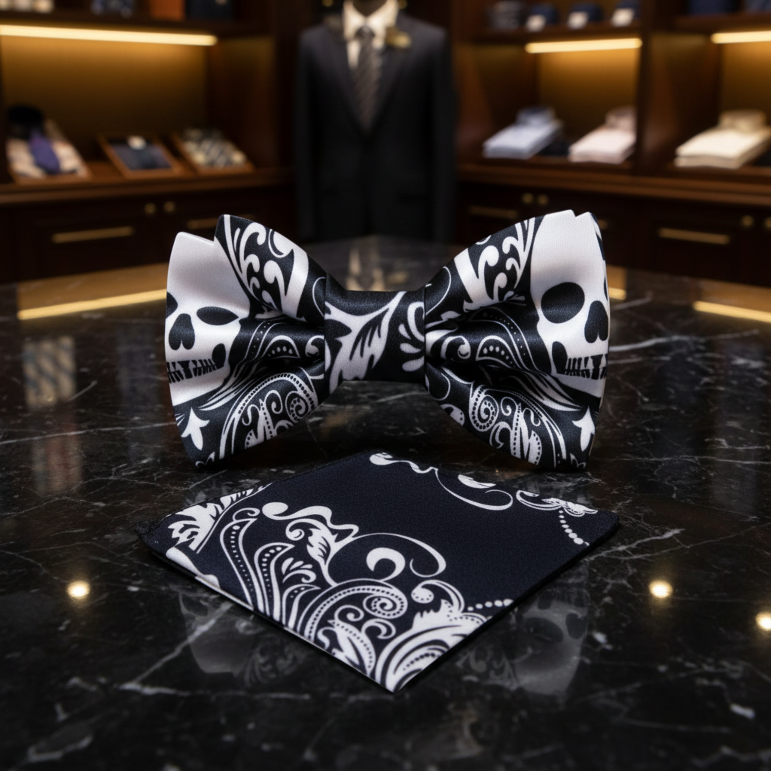 Black light grey skull bow tie and pocket square