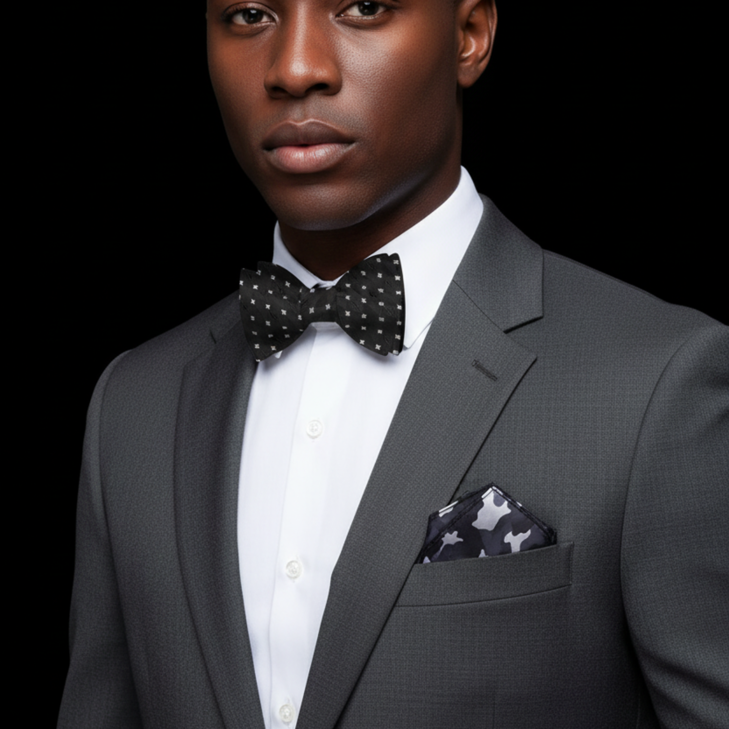 Man wearing black geometric bow tie and accenting square