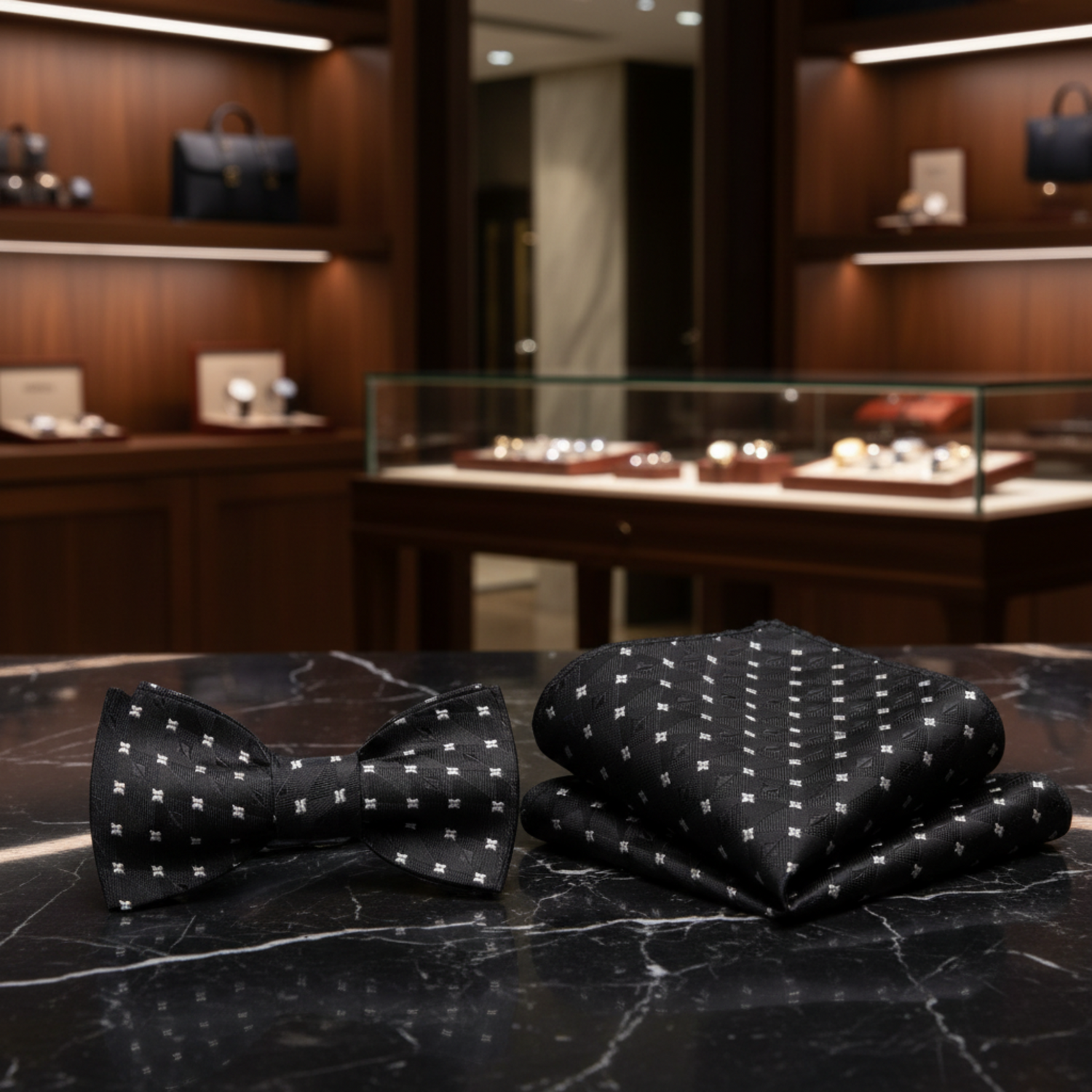 Black and Grey Small Geometric Self Tie Bow Tie and Matching Square