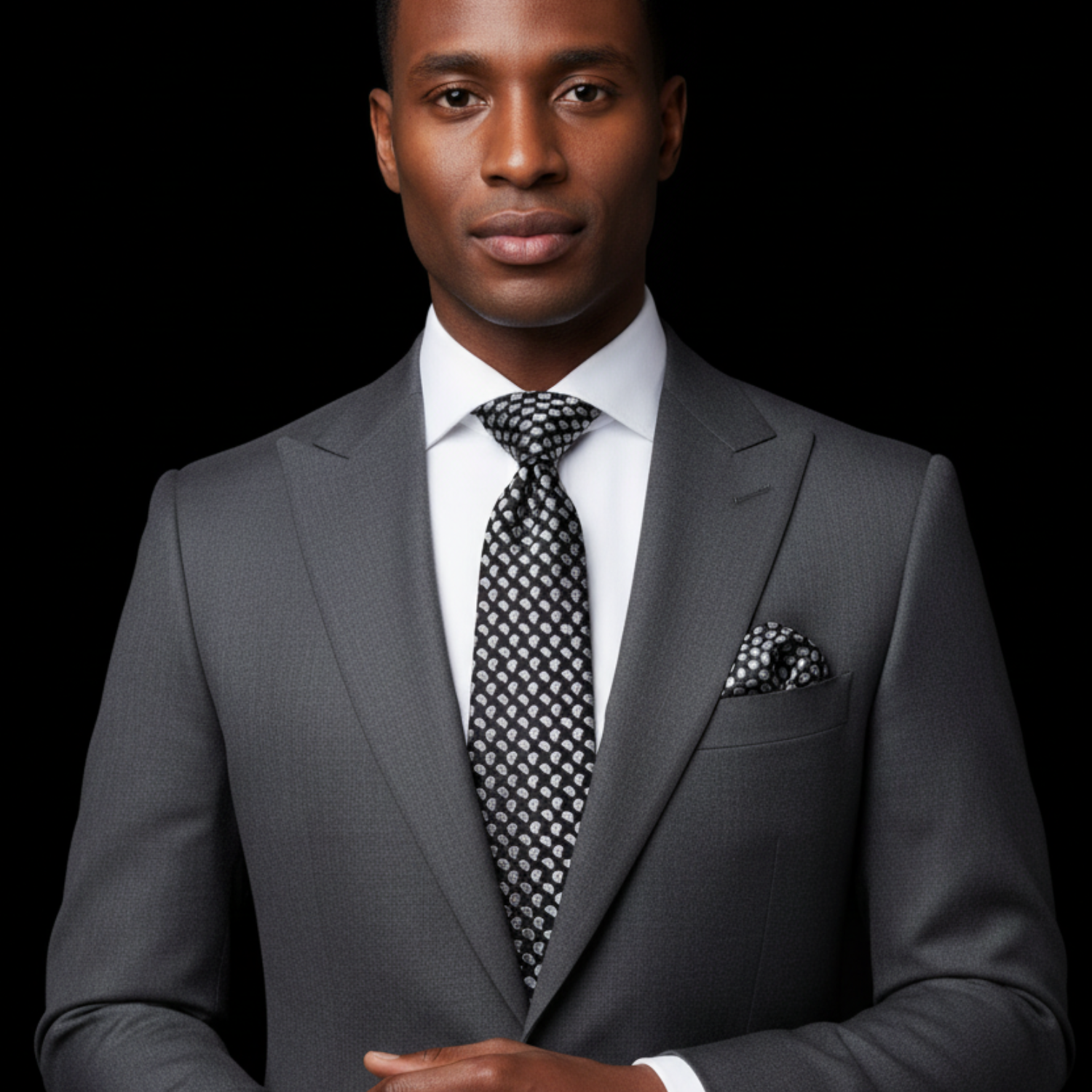 Man wearing a gray suit with a patterned tie and pocket square on a black background