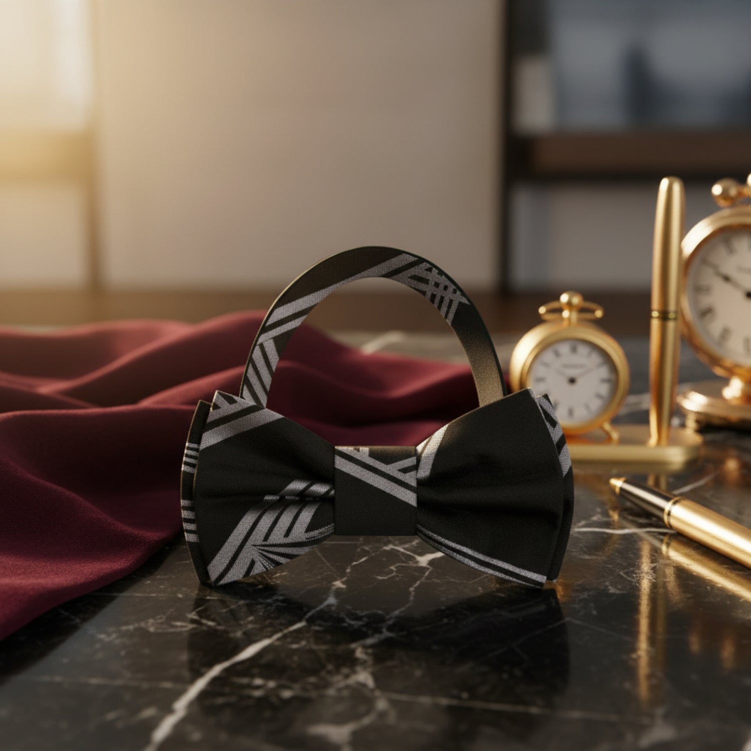 Pre Tied Black, Grey Geometric Bow Tie