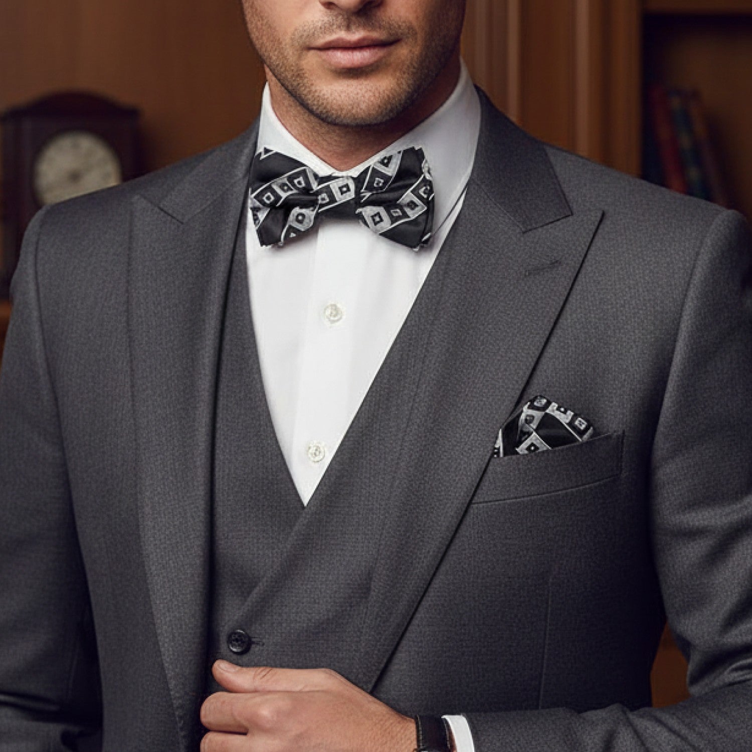 Black & Silver Geometric Blocks Bow Tie