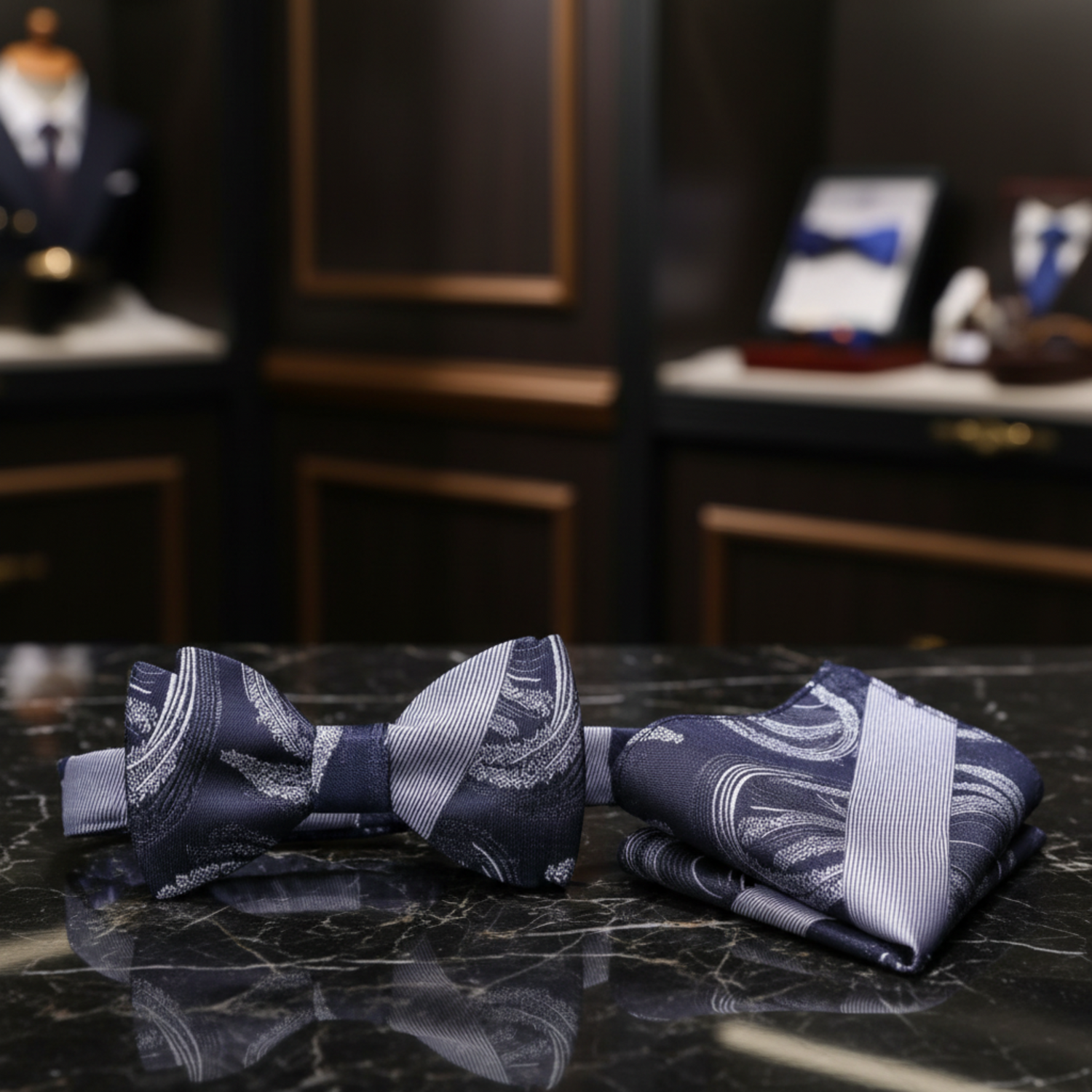 Grey Abstract Swirl with Thick Stripe Pattern Silk Self Tie Bow Tie, Matching Pocket Square