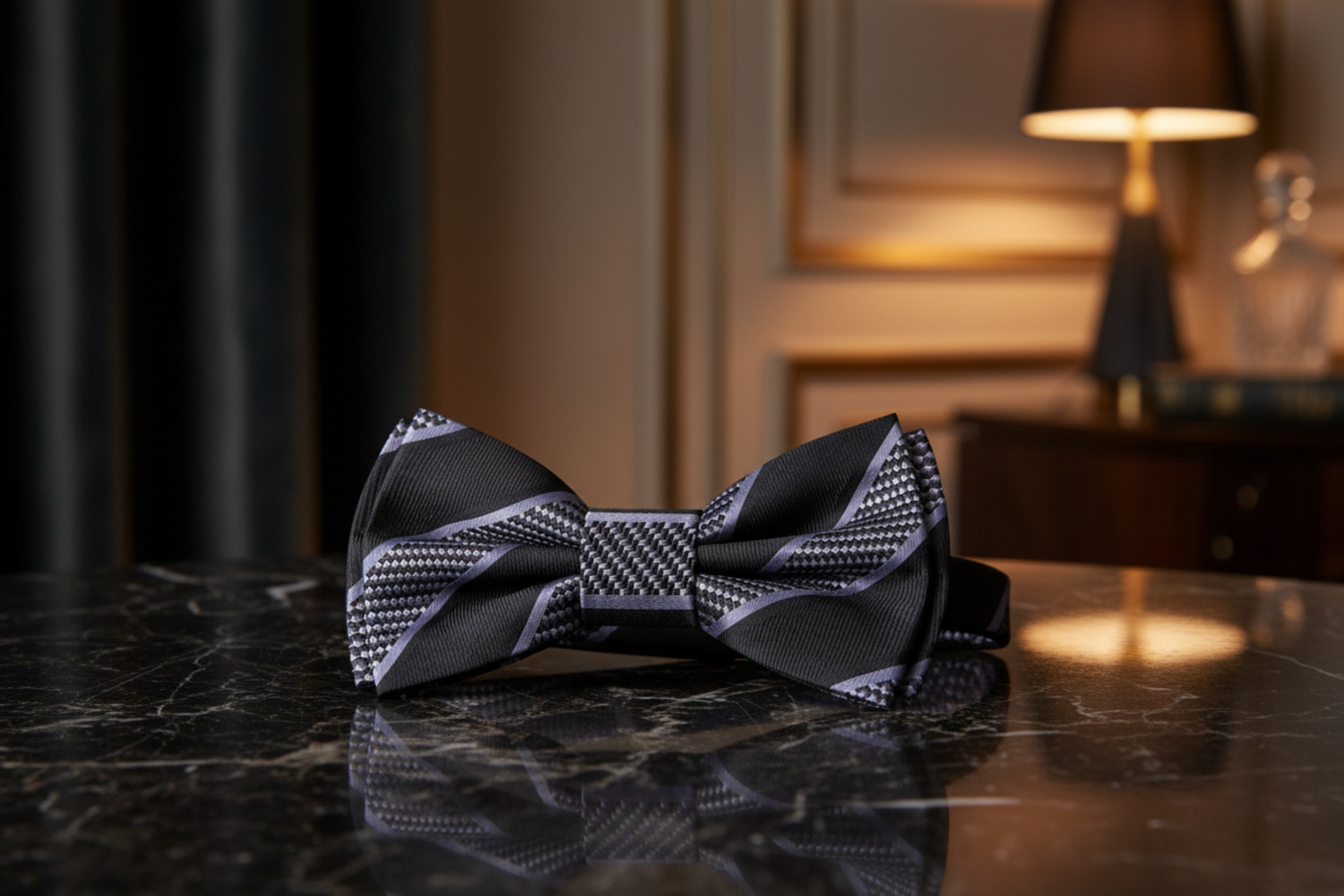 Black, Grey Stripe Bow Tie Pre Tied