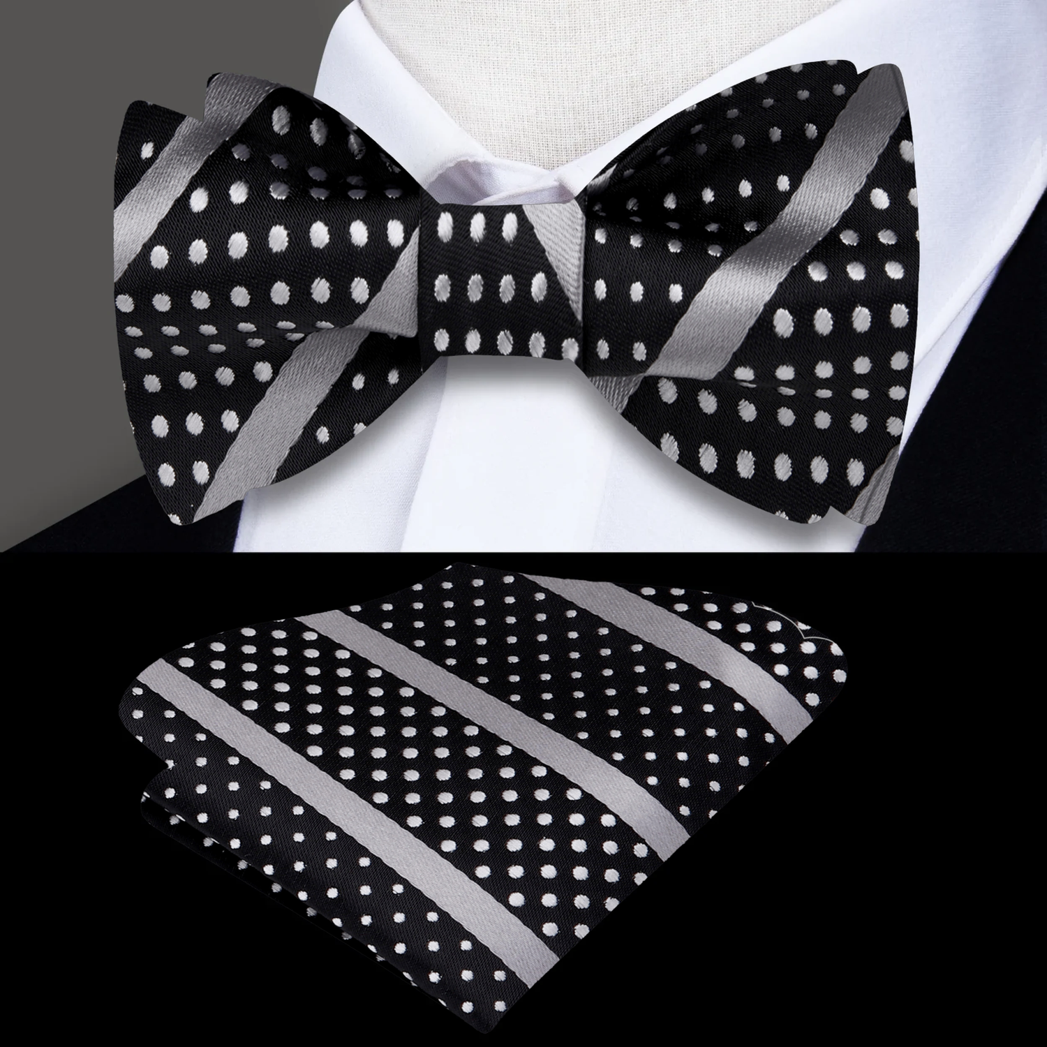 Main View: Grey Black Versatile Bow Tie and Pocket Square||Silver, Black, White