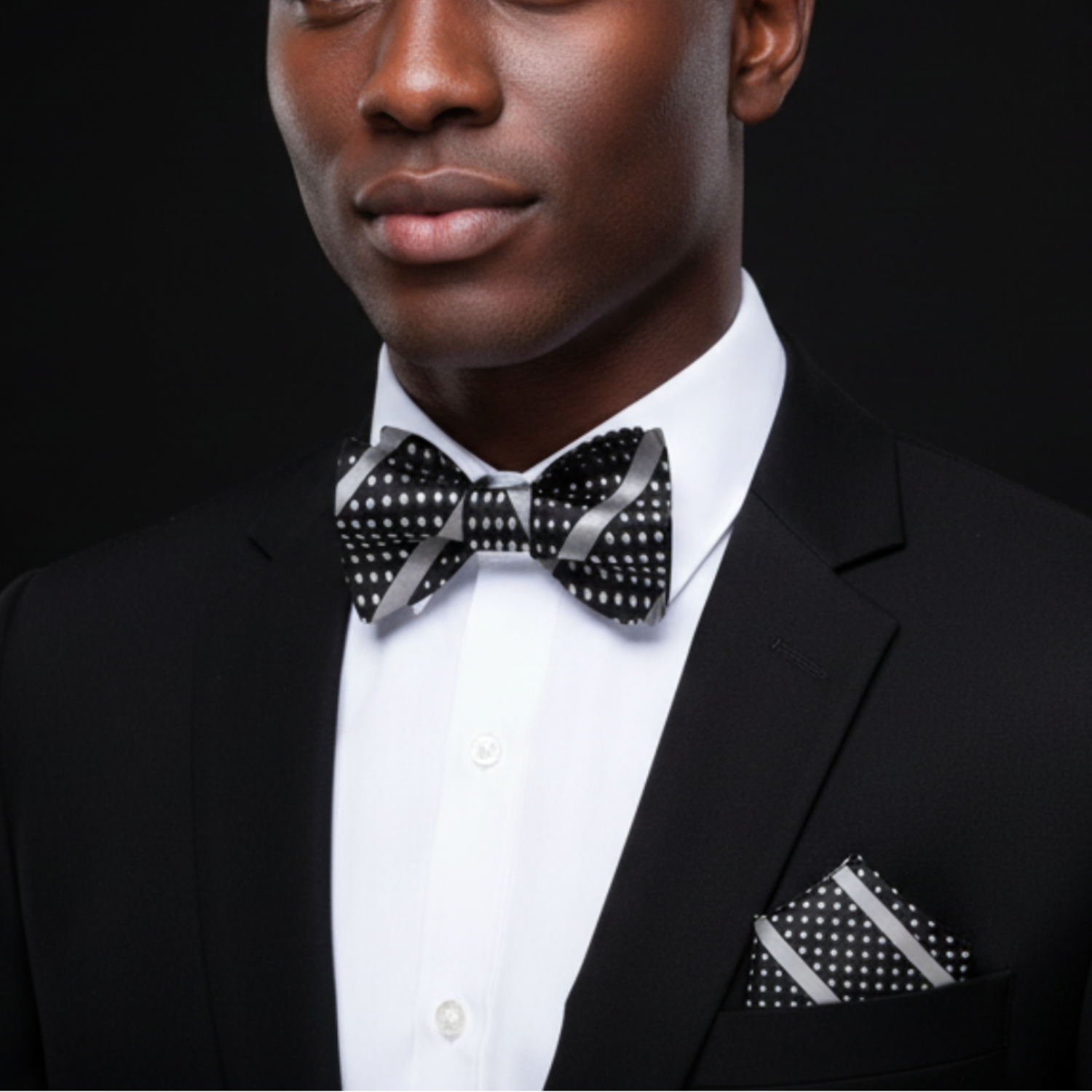 Man wearing a black suit with a white shirt and polka dot bow tie and pocket square.