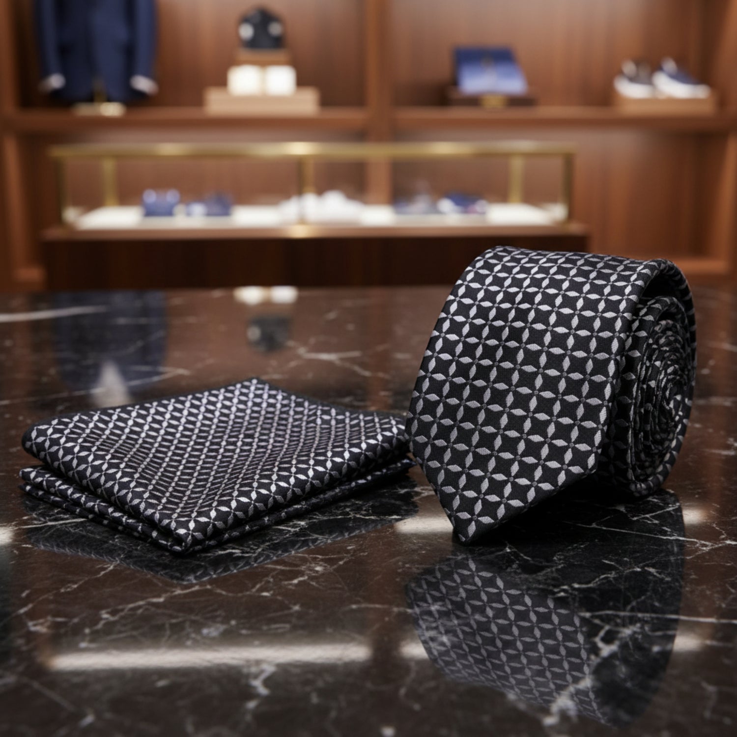 Alt View: A Black With Grey Geometric X Pattern SNecktie and Square