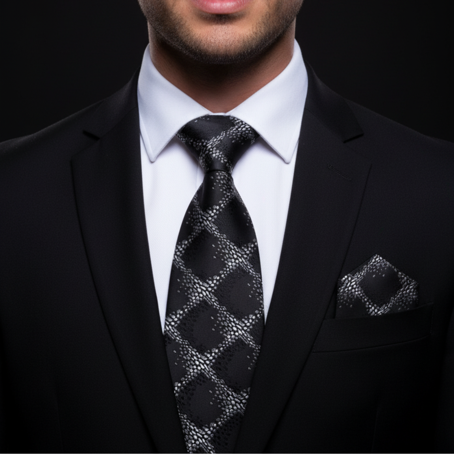 Man wearing a black suit with a patterned tie and pocket square on a dark background
