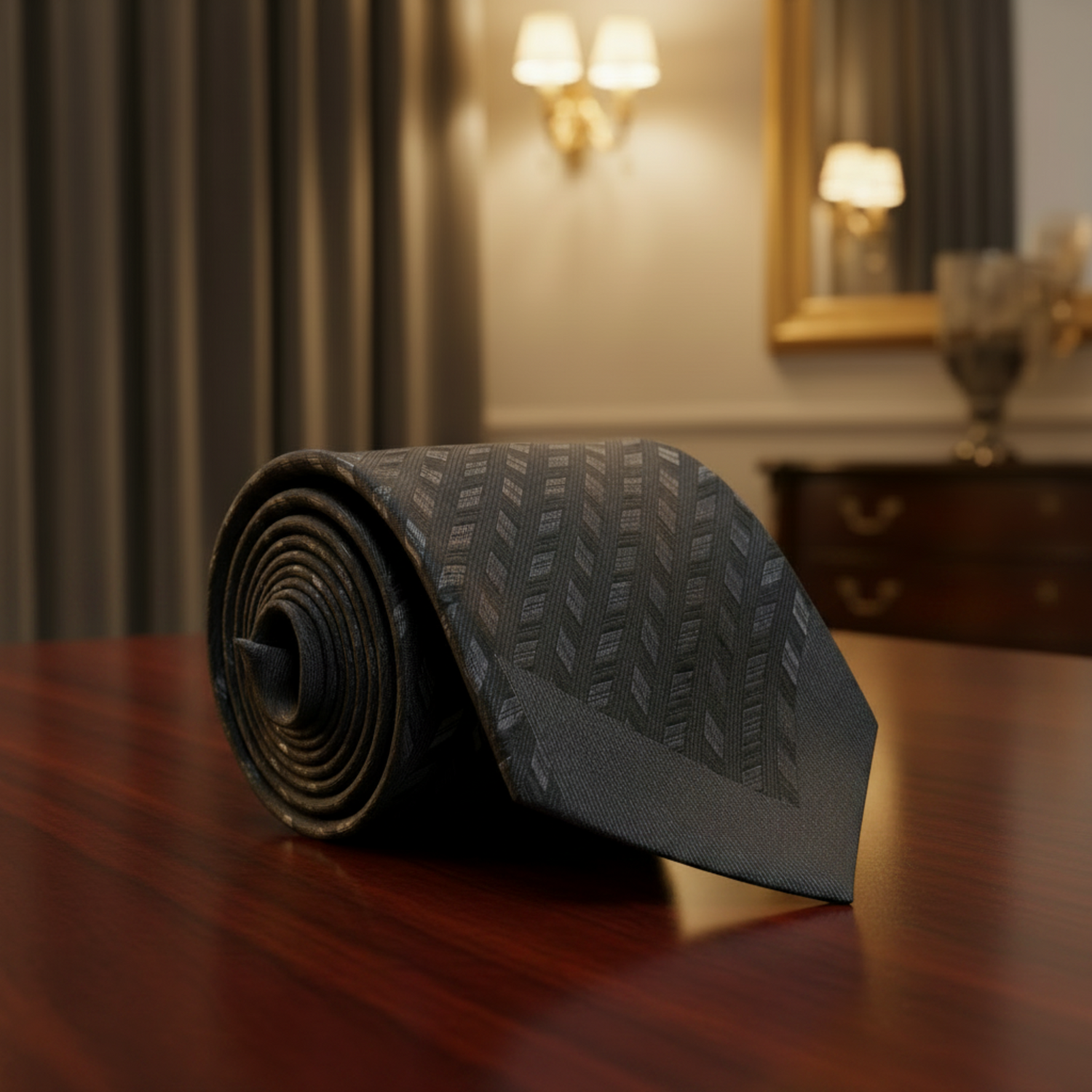 A rolled black necktie with a subtle gray geometric pattern, displayed on a black marble surface in a luxurious room setting.