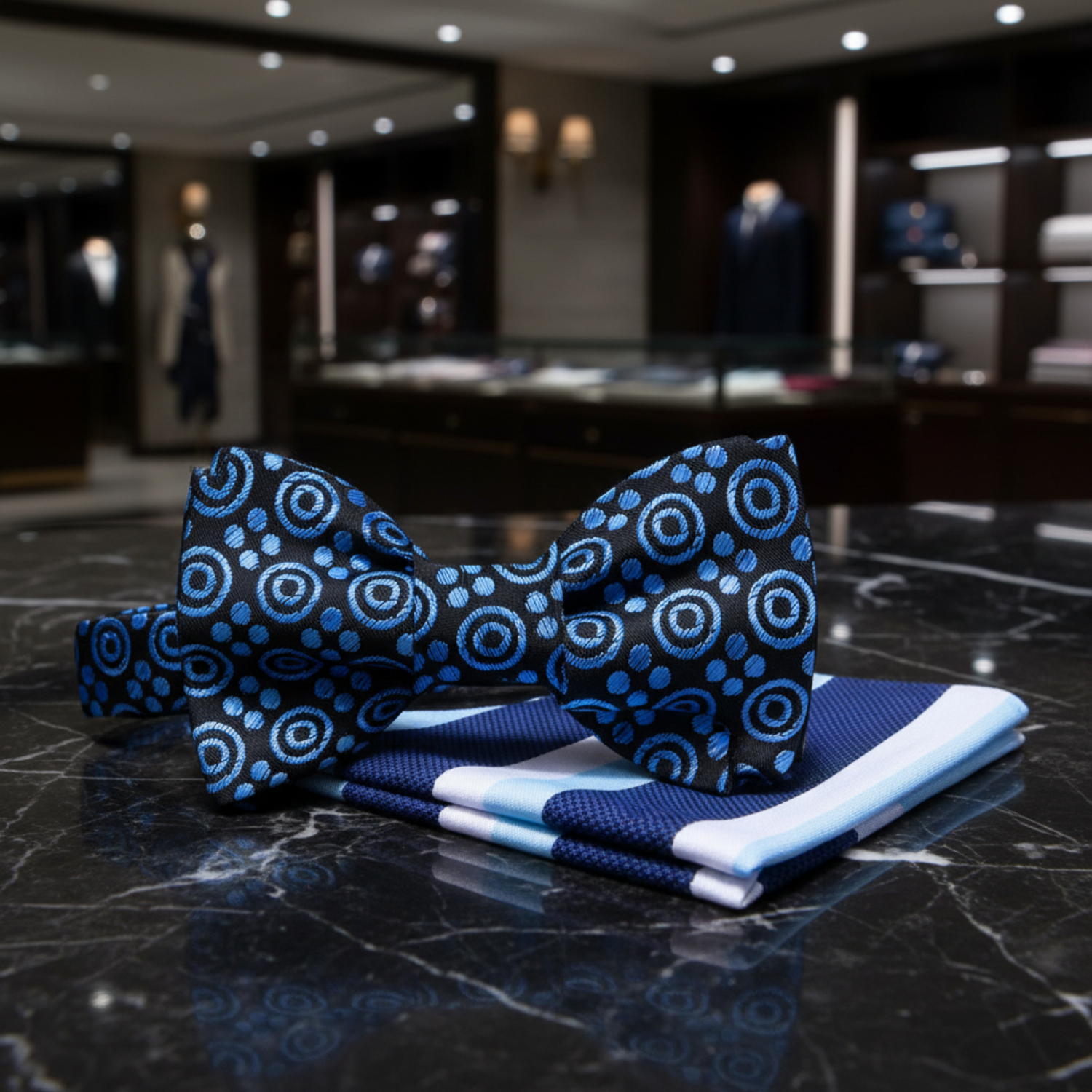 Black, Ice Blue Circles Bow Tie and Stripe Pocket Square