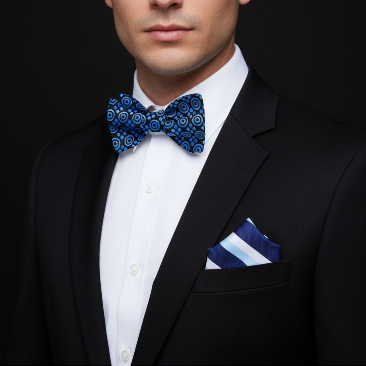 Black, Blue Circles Bow Tie and Accenting Blue and White Stripe Square