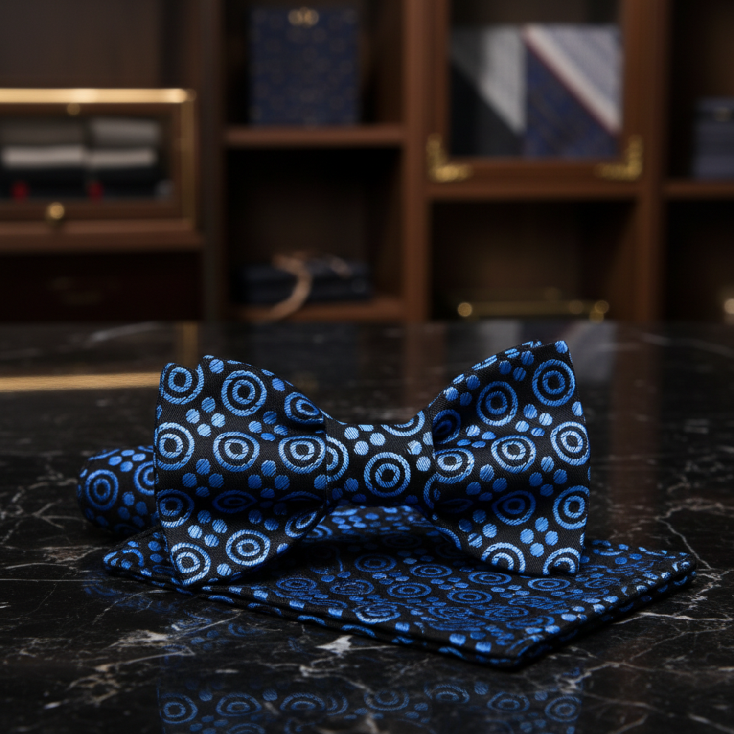 Black, Ice Blue Circles Bow Tie and Pocket Square
