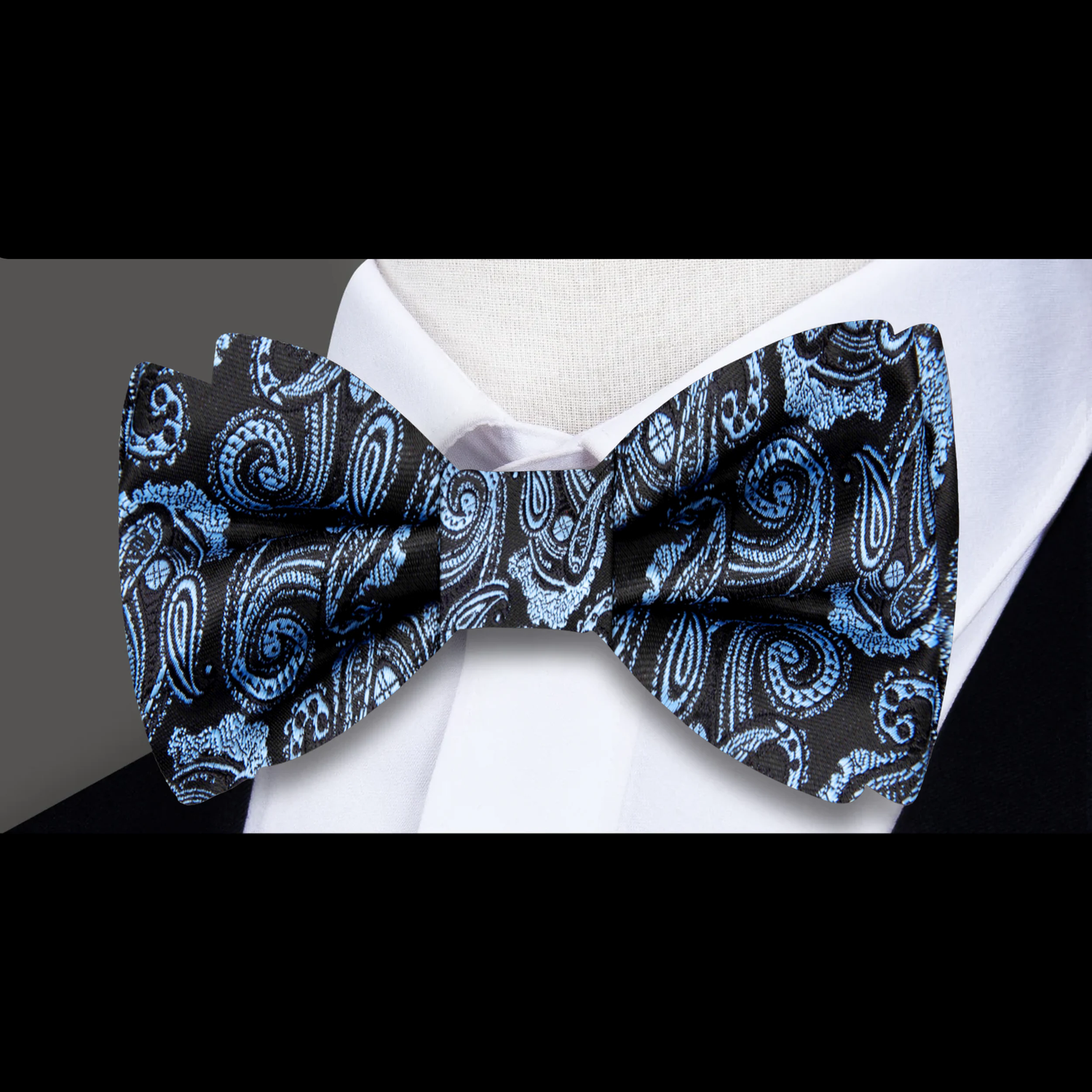 Black, Ice Blue Paisley Bow Tie Self Tie