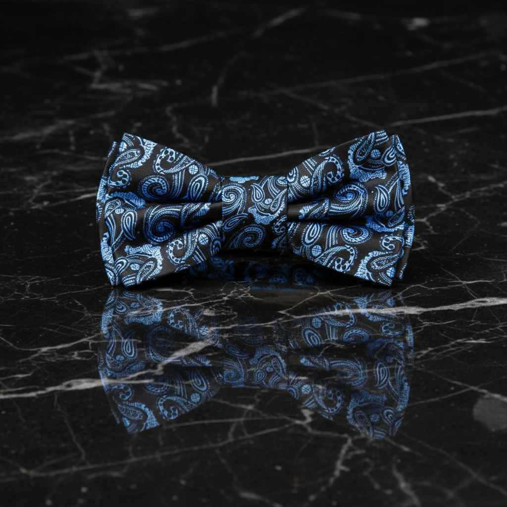 Black, Ice Blue Paisley Bow Tie Pre Tied