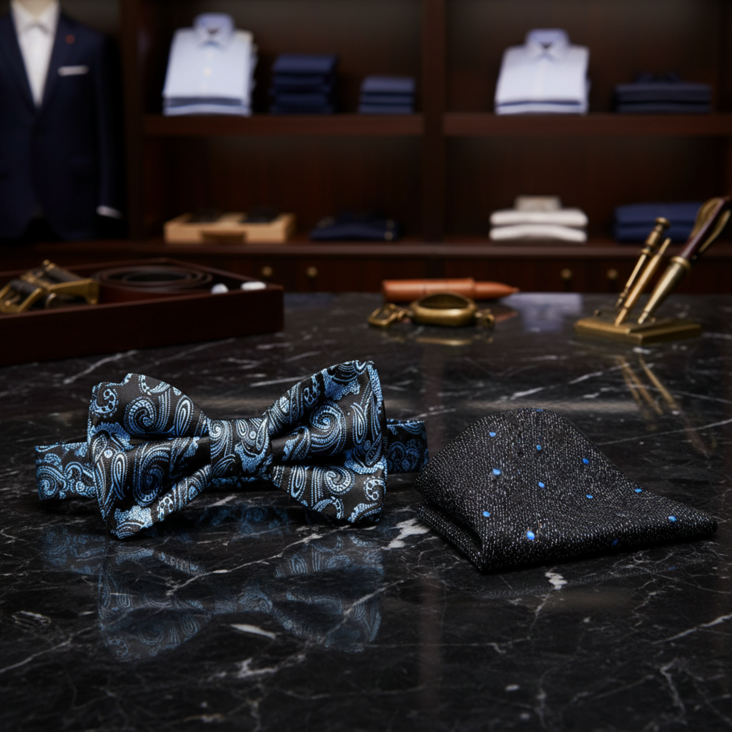 Black, Ice Blue Paisley Bow Tie and Accenting Pocket Square