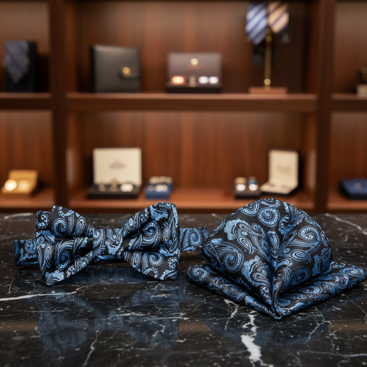 Black, Ice Blue Paisley Bow Tie and Pocket Square