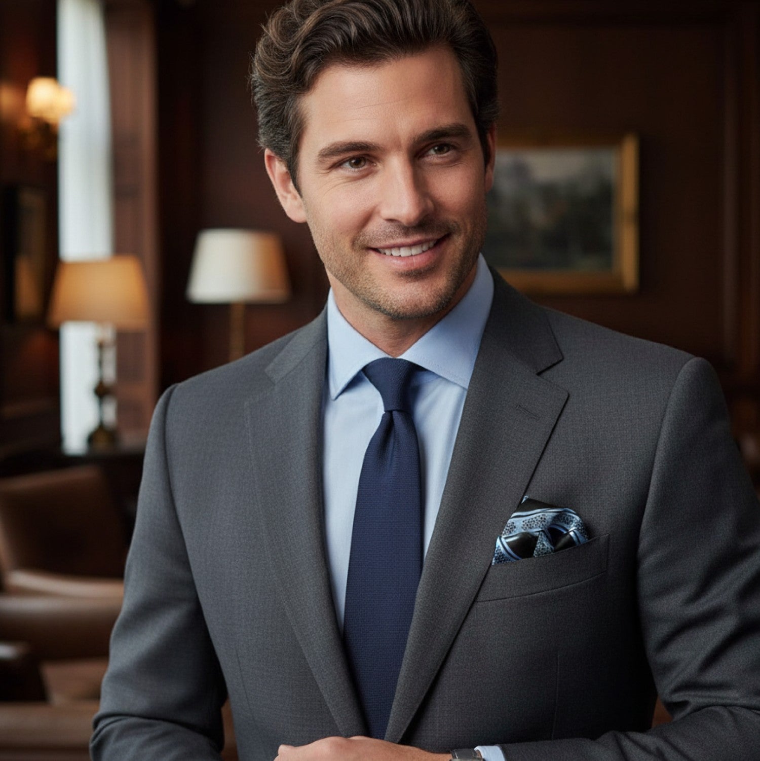 Man wearing grey suit with black and light blue stripe square