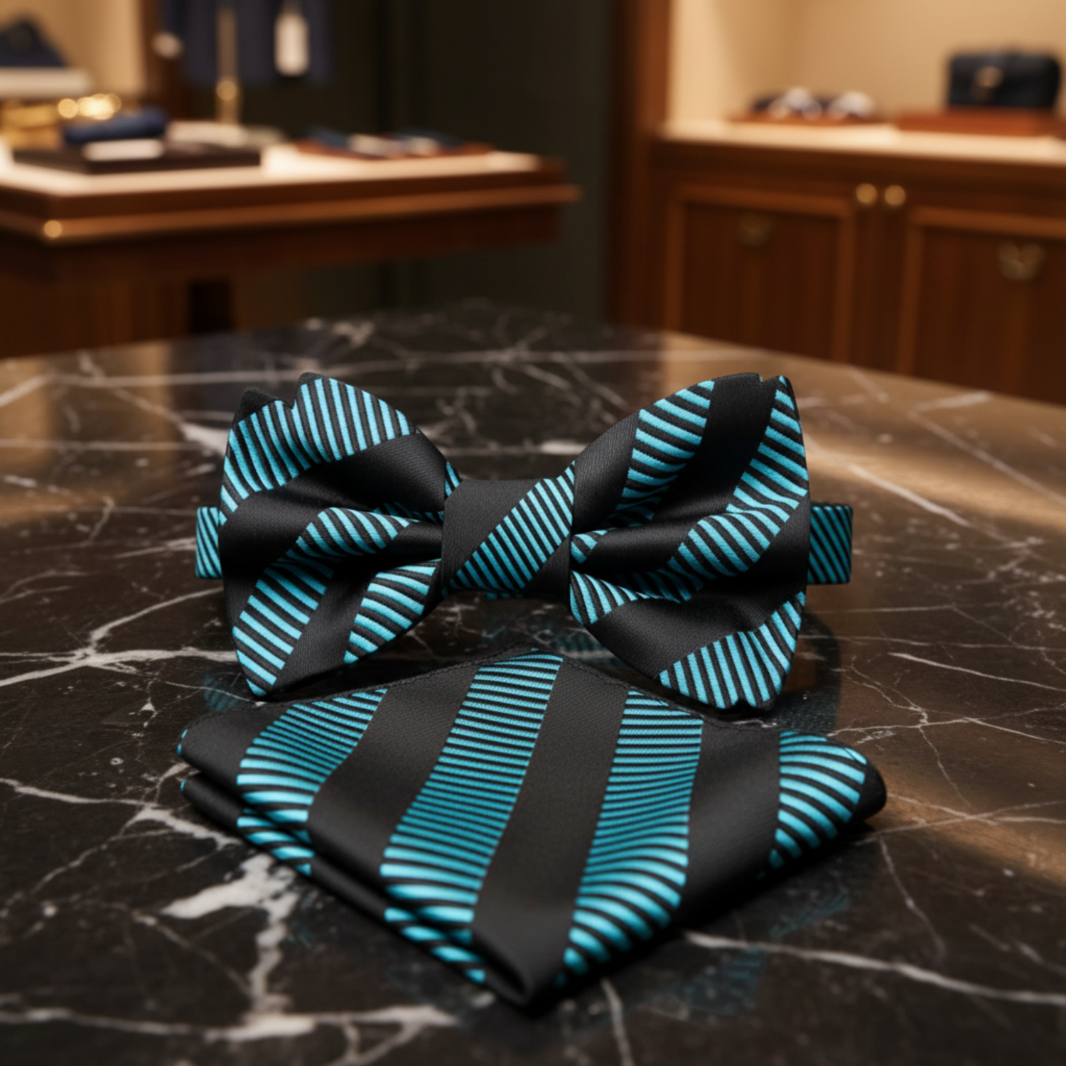 Black, Teal Lines Bow Tie and Pocket Square