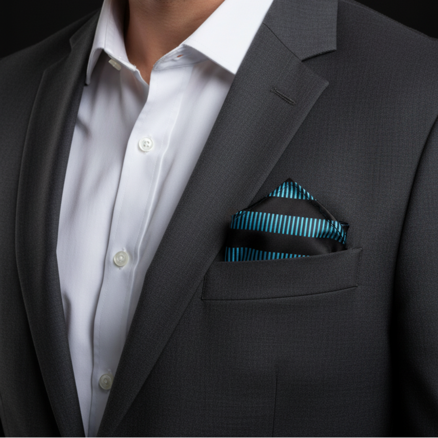 Striped Pocket Square in Black with Blue, Copper Brown, or Red