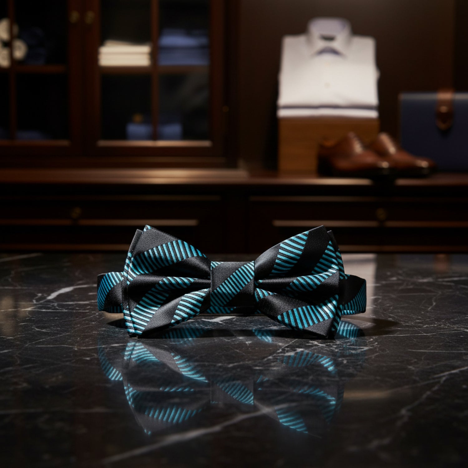 Black, Light Blue Capri Bow Tie Pre Tied