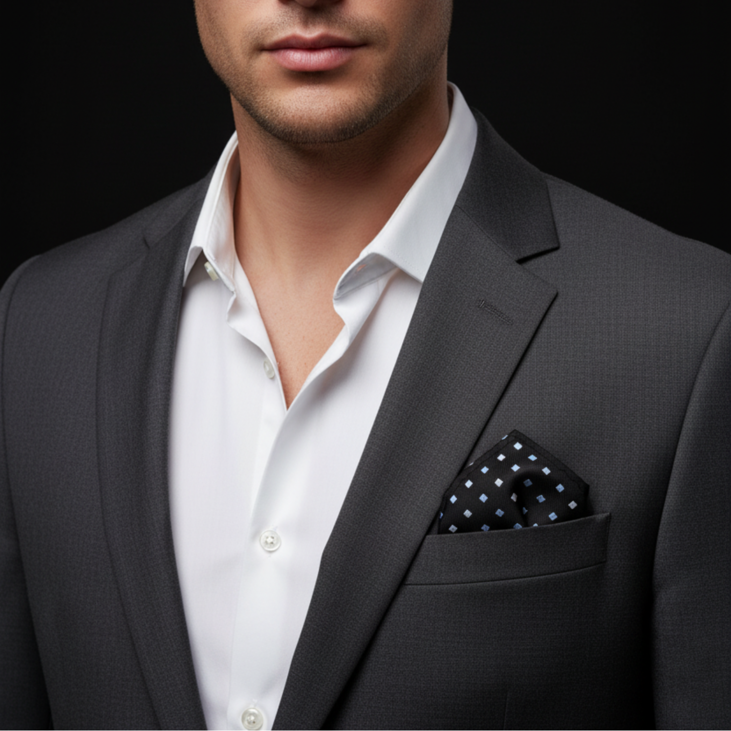 Man wearing a dark suit with a white shirt and polka dot pocket square on a black background