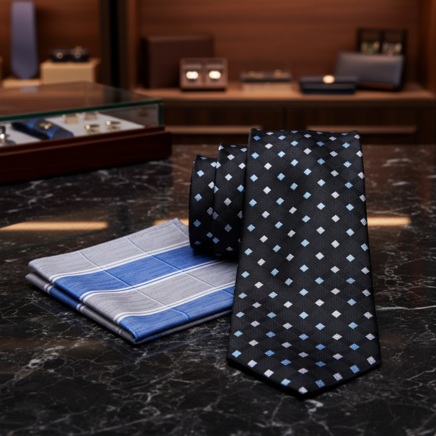 Alt View: Black, Light Blue, Light Grey Diamonds Necktie and Accenting Square