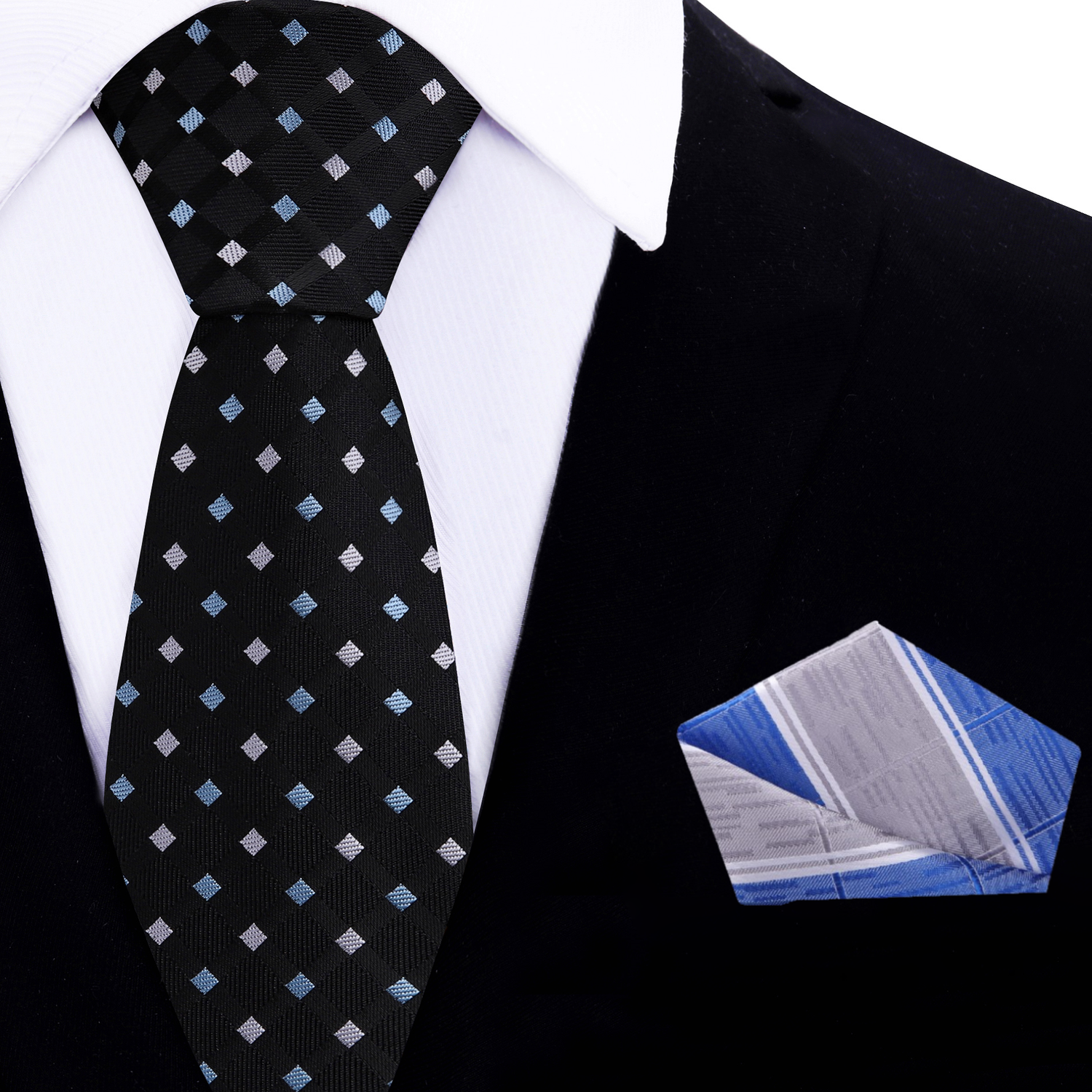 Thin: Black, Light Blue, Light Grey Diamonds Necktie and Accenting Square