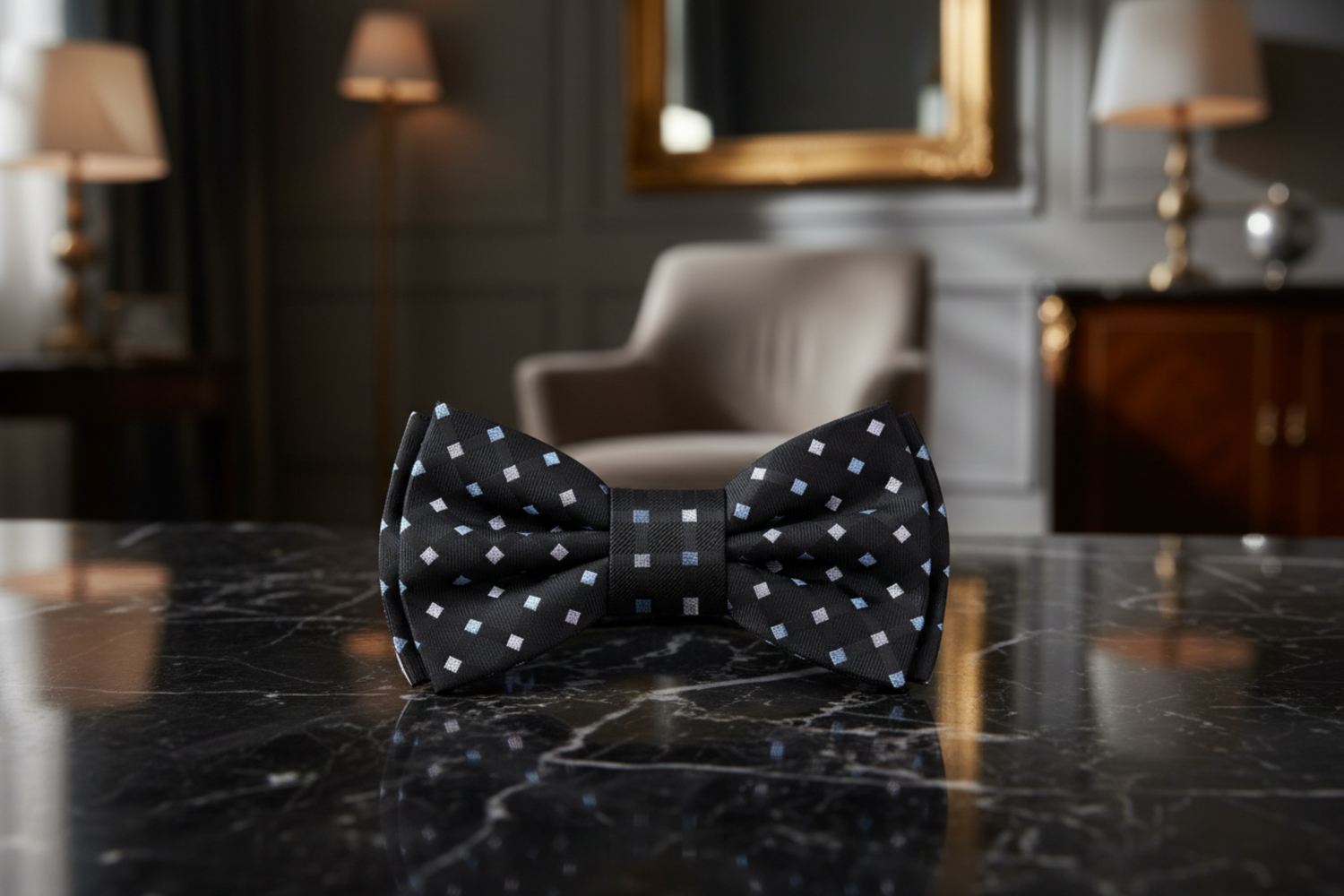 Black, Light Grey, Light Blue Diamonds Bow Tie Pre Tied
