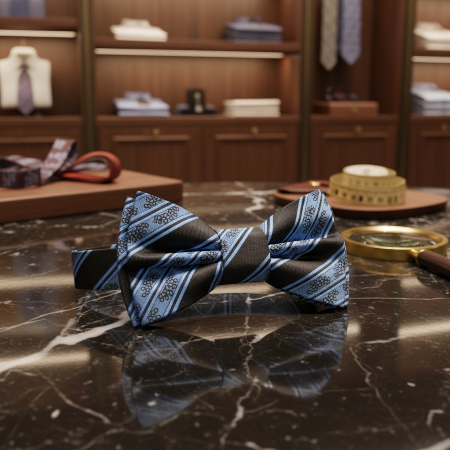 Black with Light Blue Intricate Design Bow Tie Pre Tied