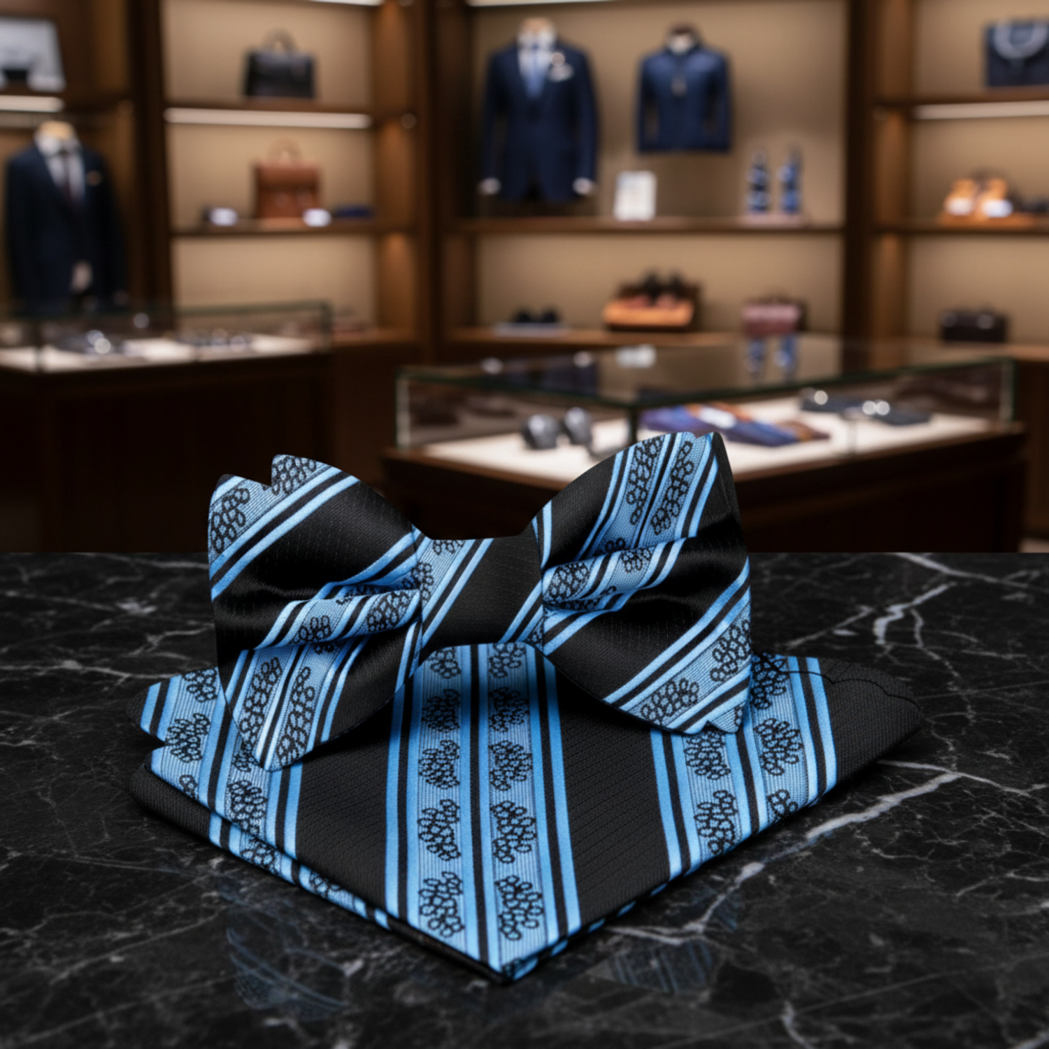 Black with Light Blue Intricate Design Bow Tie and Pocket Square.