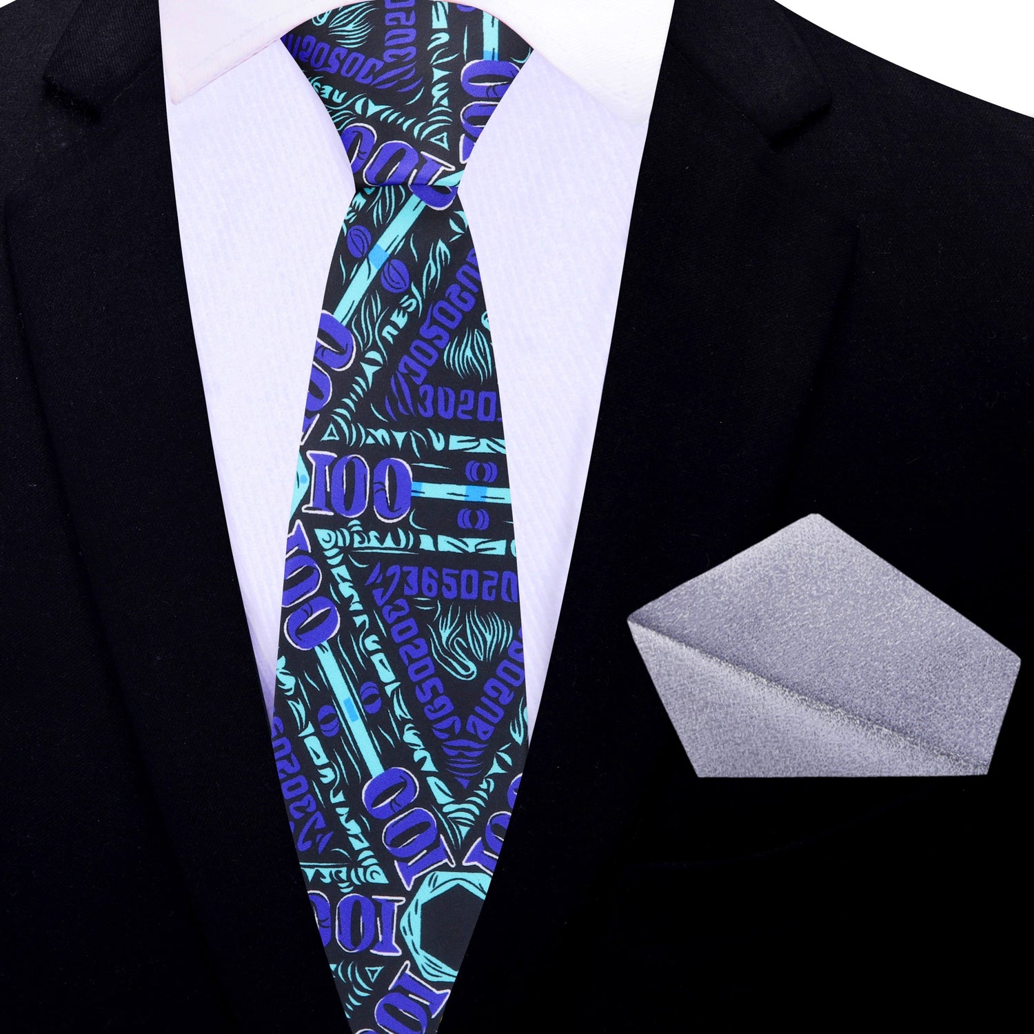 Thin Tie: Black, Blue Abstract Necktie & Accenting Silver Square