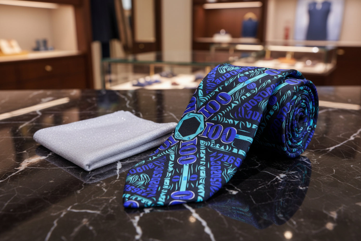 Alt View: Black, Blue Abstract Necktie & Accenting Silver Square