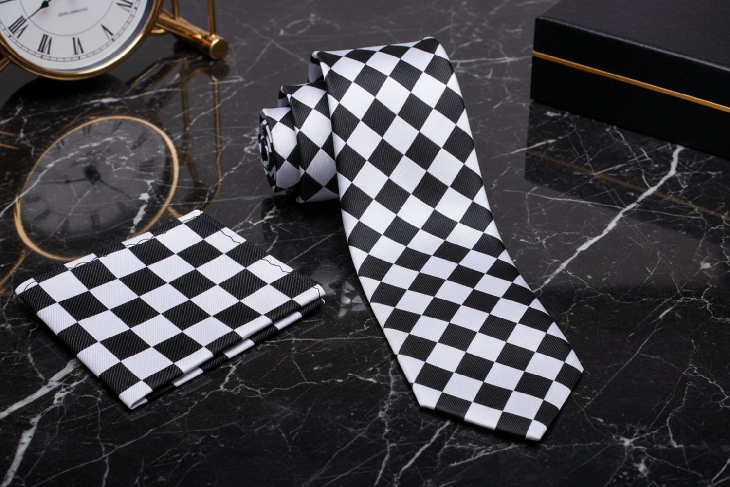 Alt View: Light Grey and Black Checkerboard Tie and Matching Square