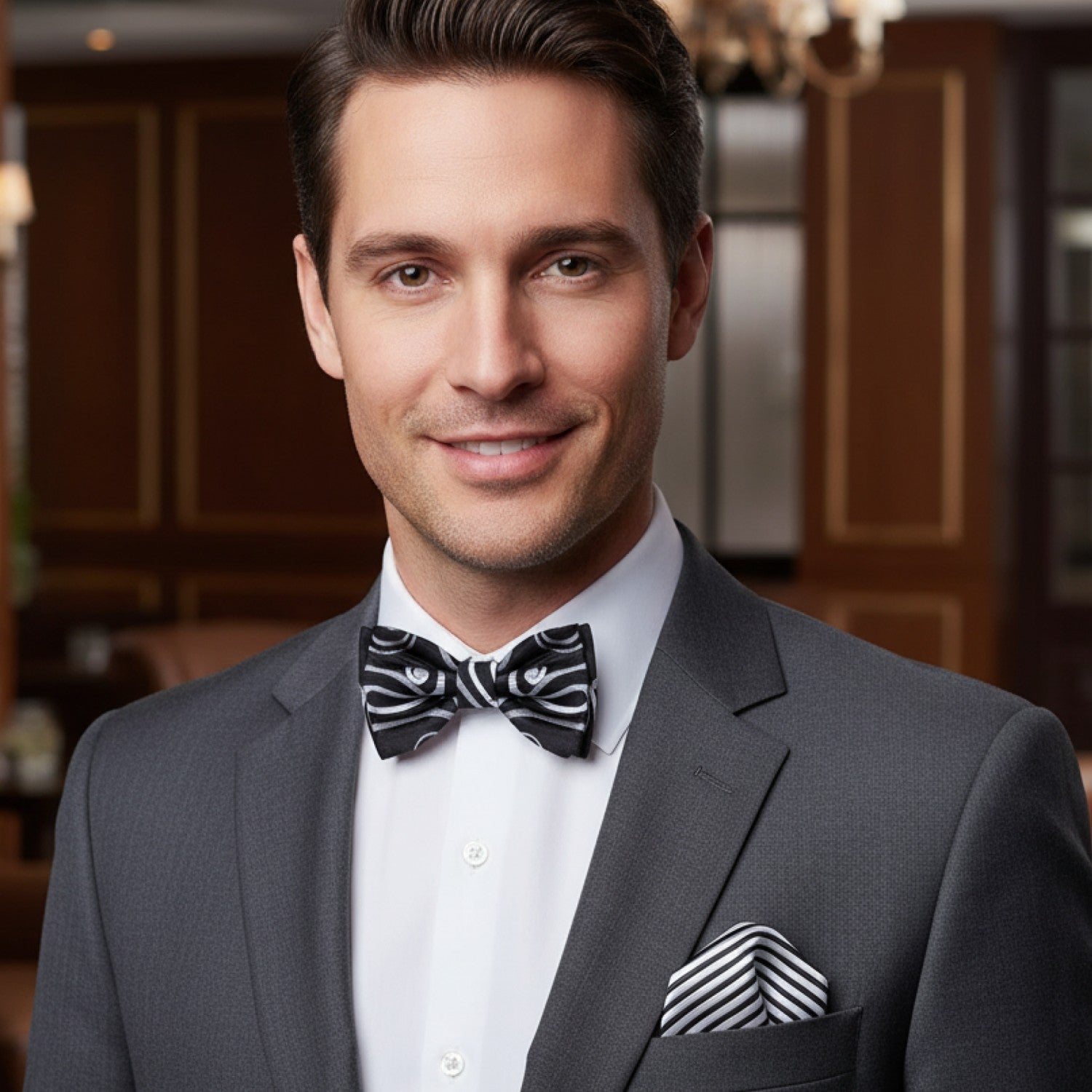 Man wearing a gray suit with a black and white bow tie and pocket square in an indoor setting.