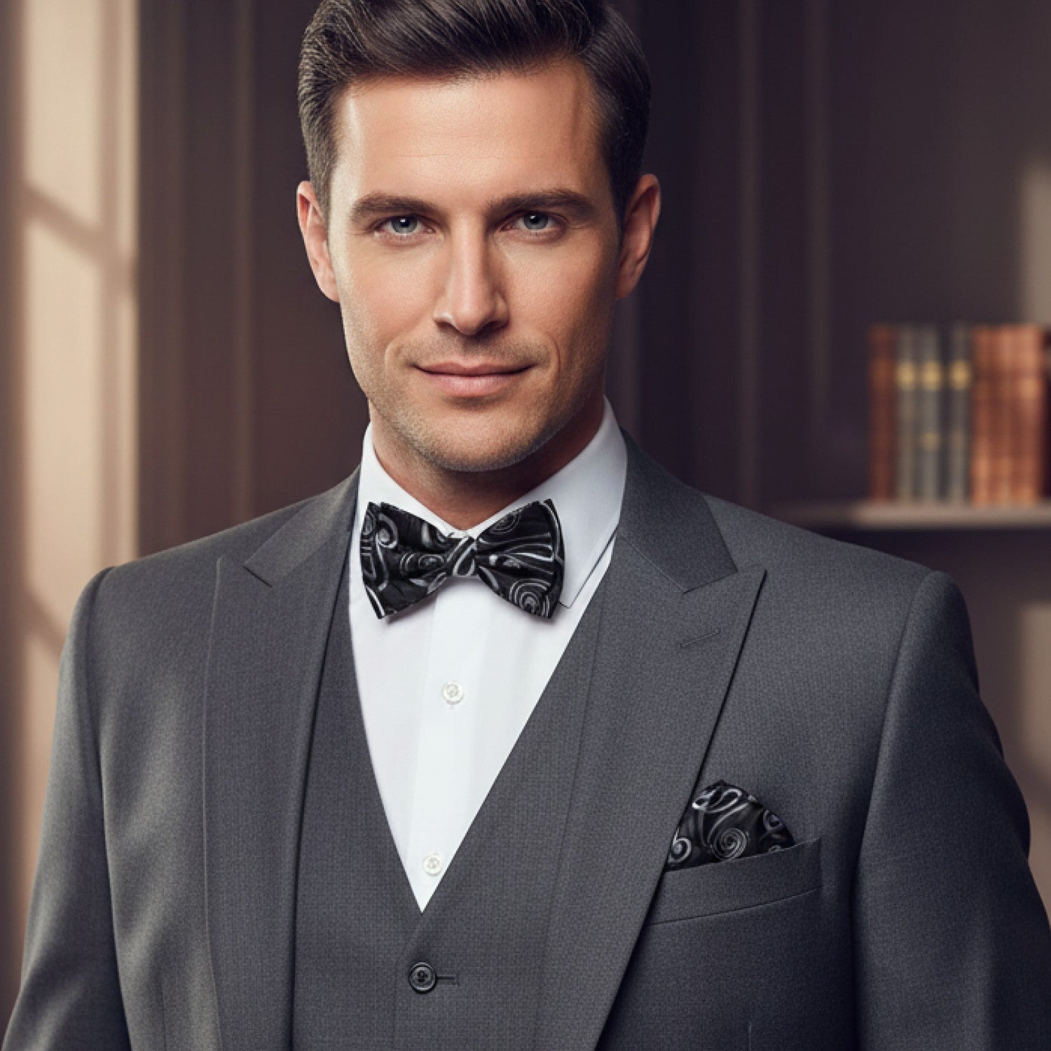 Man wearing a gray suit with a black bow tie and pocket square indoors.